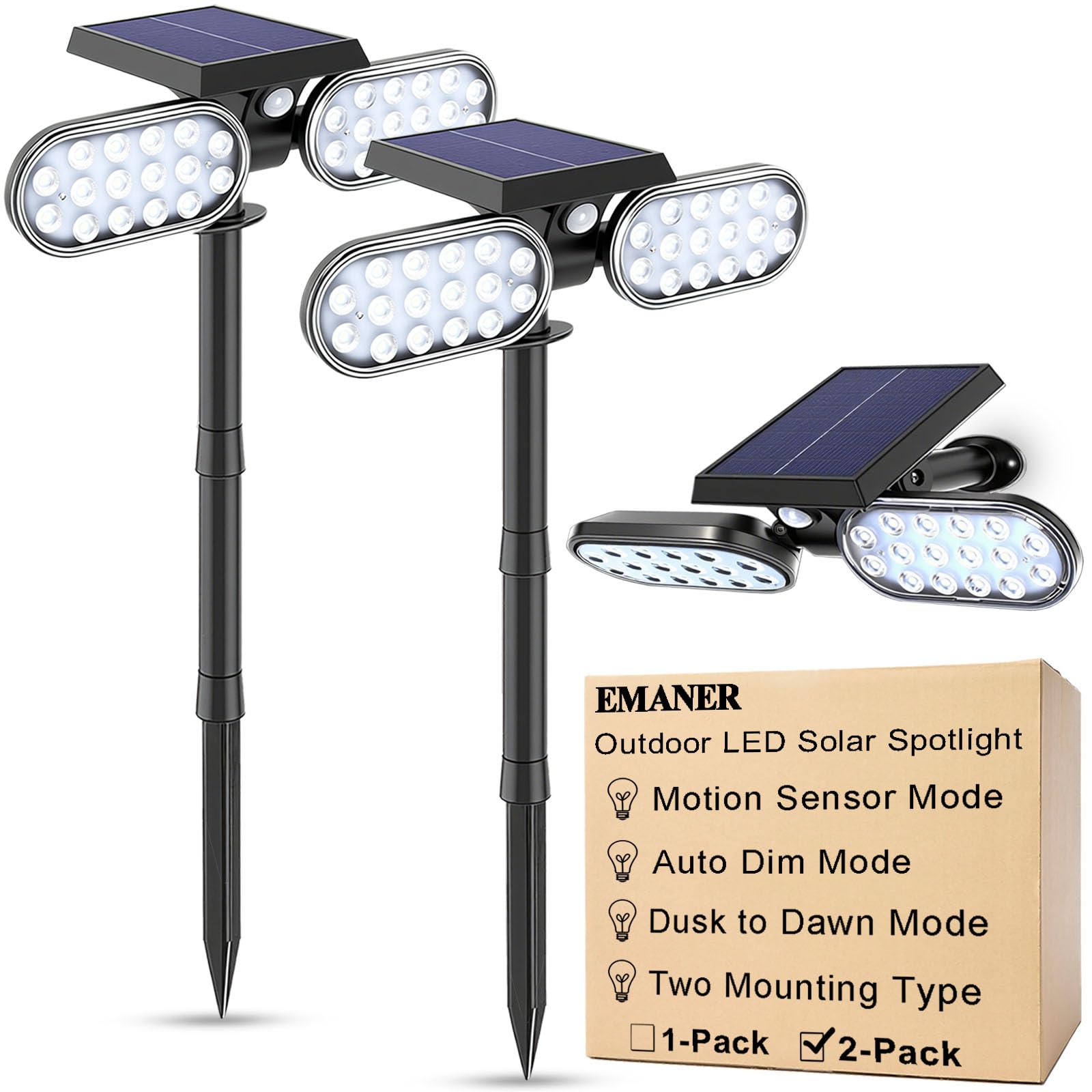 EMANER Motion Solar Lights Outdoor Solar Floodlight Stay On or Motion Sensor Mode Dusk to Dawn Security Light