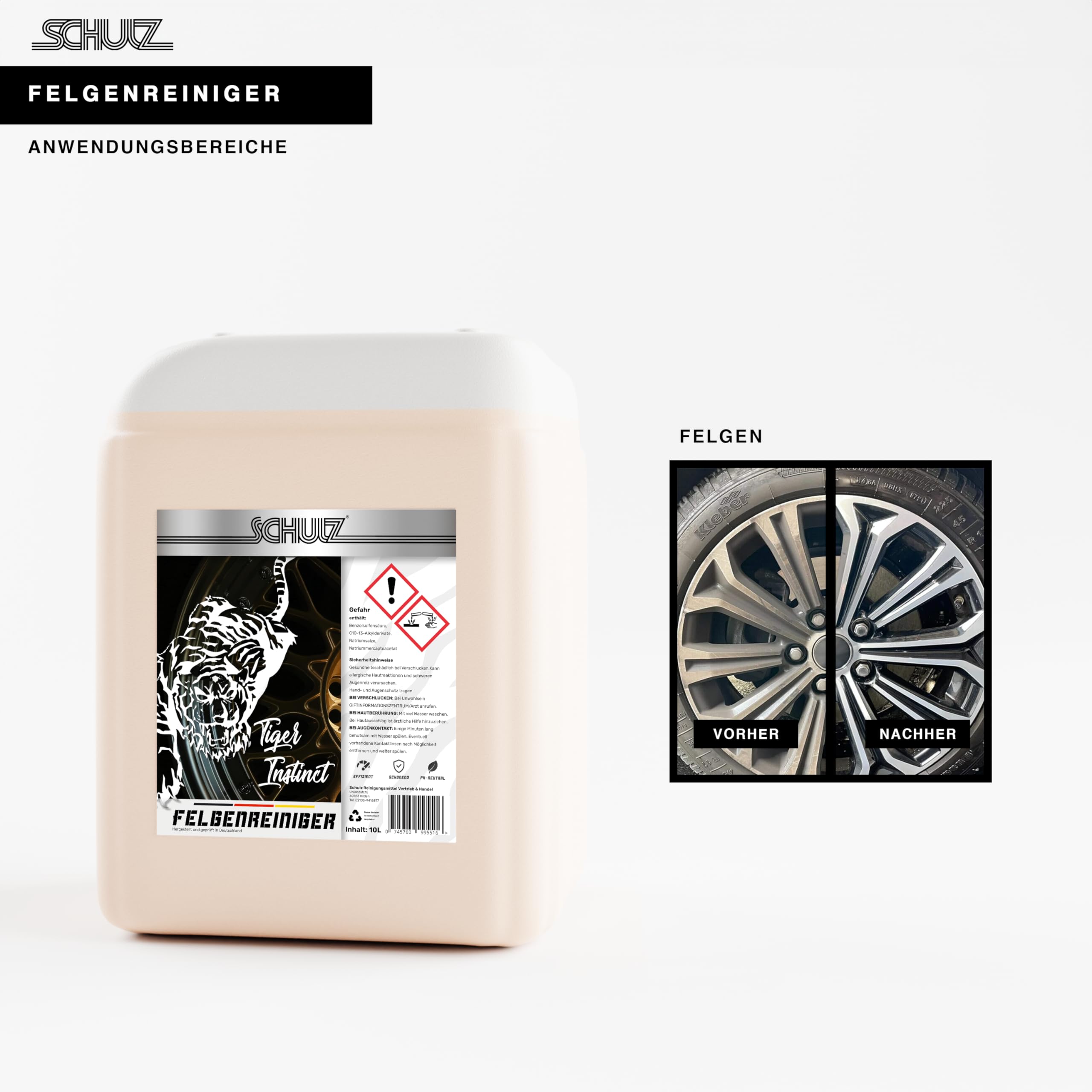 Schulz Tiger Instinct: wysoce skuteczny środek do czyszczenia felg, kanistry o pojemności 10 l, do błyszczących felg aluminiowych – delikatne czyszczenie i jakość Made in Germany