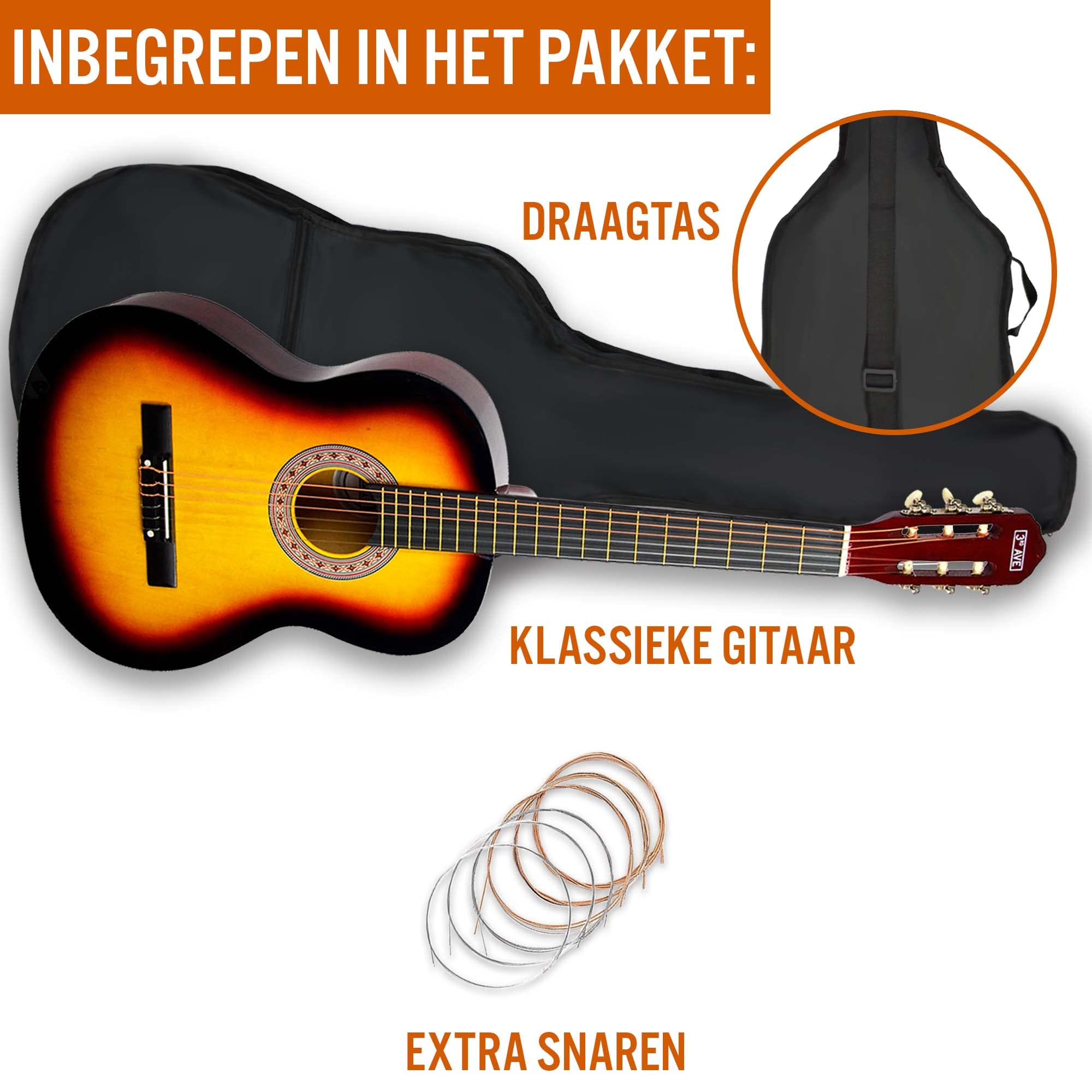3rd Avenue 3/4 formaat klassieke Spaanse gitaar voor kinderen met nylon snaren, beginnerspakket, tas, snaren - zwart