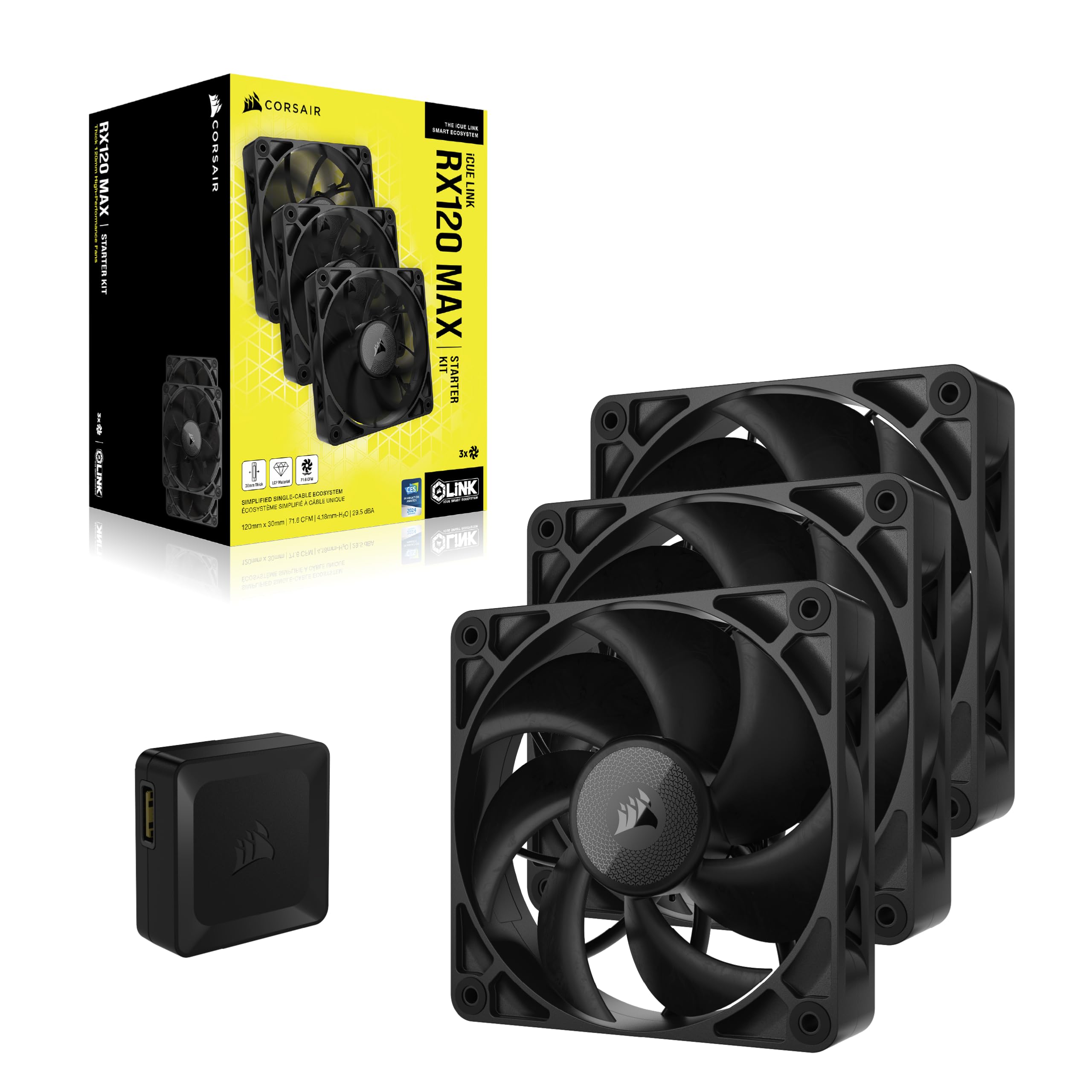CORSAIR iCUE LINK RX120 MAX 120mm PWM Gruby Wentylatory z Koncentrator iCUE LINK – Wysokie Ciśnienie Statyczne – Polimeru Ciekłokrystalicznego – Łożysko z Magnetyczną Kopułą – Zestaw Trzech – Czarny