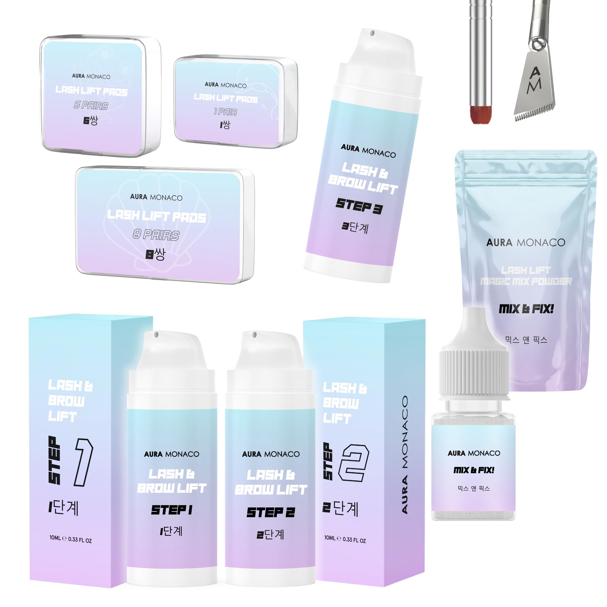 AURA Monaco | Korean Lash Lift Kit – komplettes Profi-Set mit Step 1–3 Lotions, Mix & Fix Powder, Pads & Tools – sanfte koreanische Formel, glue-free Anwendung, über 40 Behandlungen