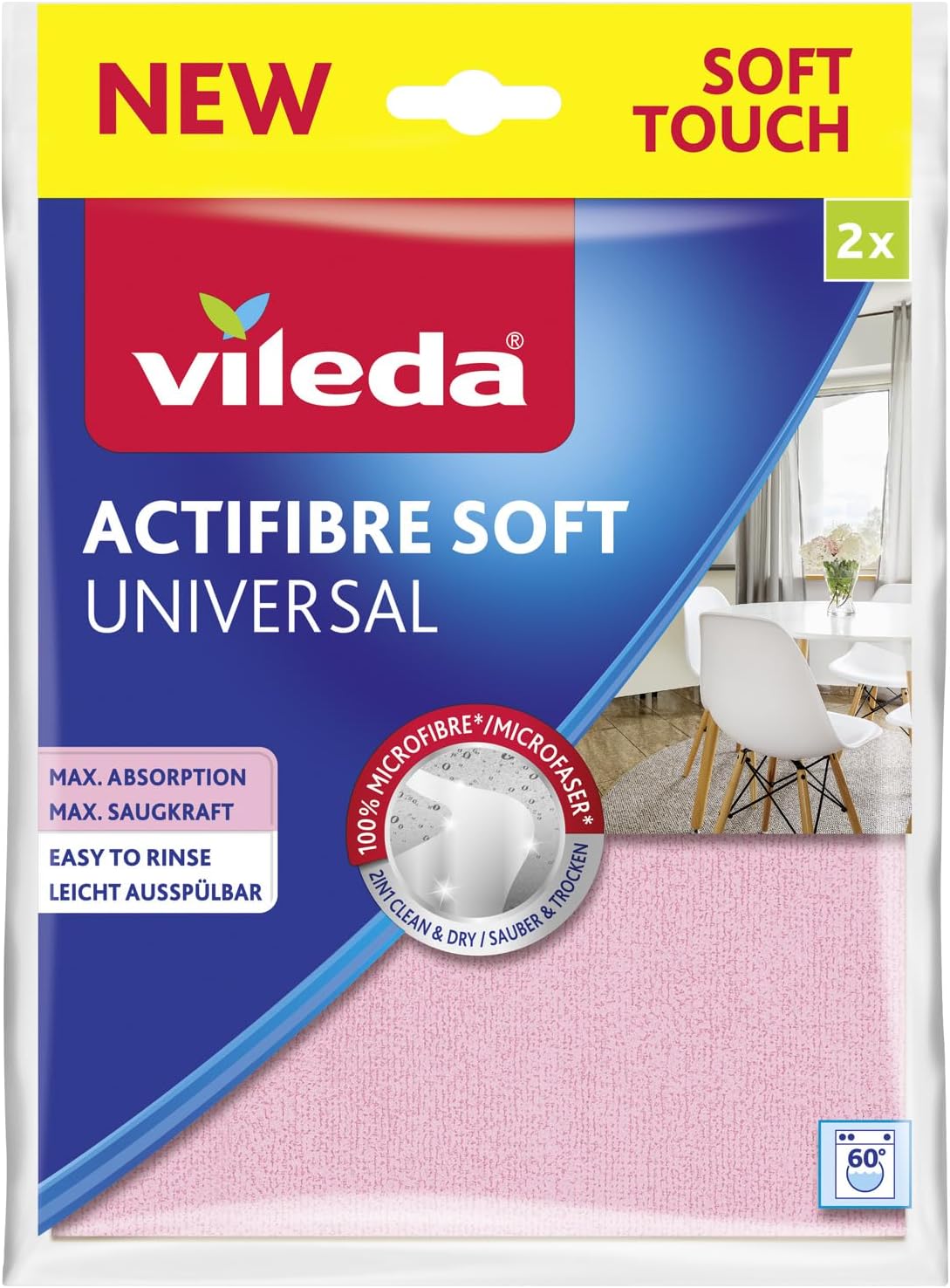 Actifibre Soft Universal Microfibre Cloth, 100% Microfibre Cleaning Cloth for Streak Free Results, High Absorbency, for All Smooth Surfaces, Pink and Grey, Pack of 2