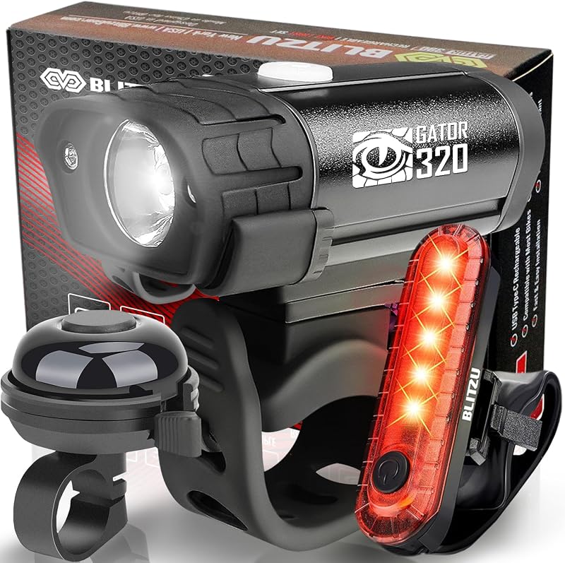 Juego de luces de bicicleta recargables USB con campana, luz LED trasera delantera para bicicleta | BLITZU Gator 320, visibilidad superbrillante, 5+4 modos, resistente al agua, larga duración para seguridad en ciclismo nocturno, carga rápida