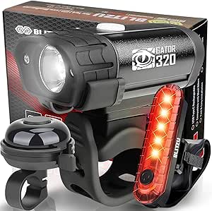 Gator 320 Bike Light Set with Bell, USB Rechargeable Front and Rear Lights (4+5 Modes), Water-Resistant