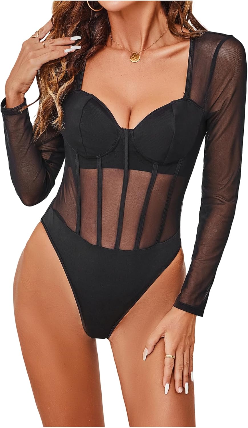 SweatyRocks Women's Sheer Floral Lace Long Sleeve Bodysuit Tops Sweetheart Neck Jumpsuit