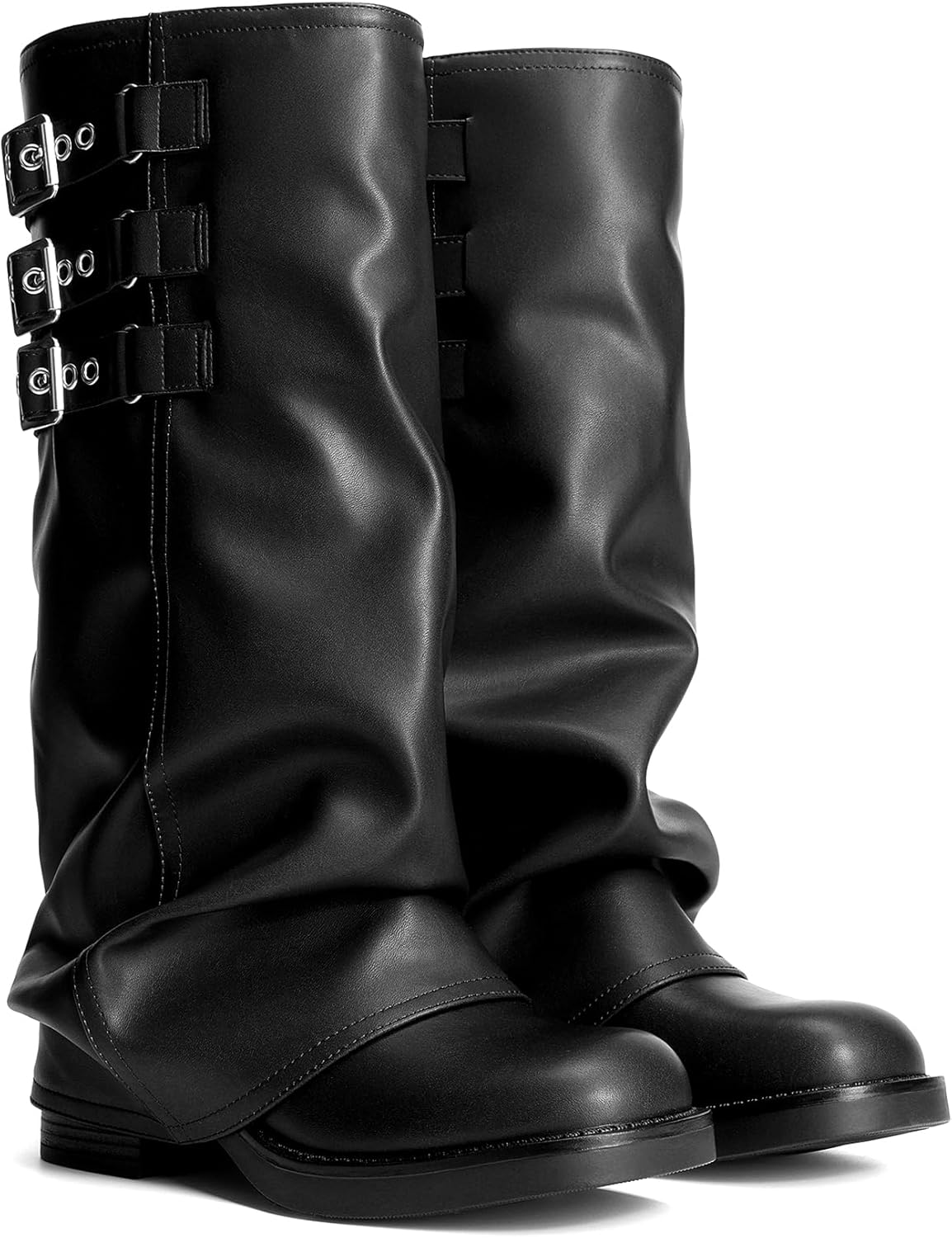 DREAM PAIRS Fold-over Knee High Boots Comfort Low Heel Wide Calf Slouchy Boot Stylish Buckle Long Tall Boots for Women