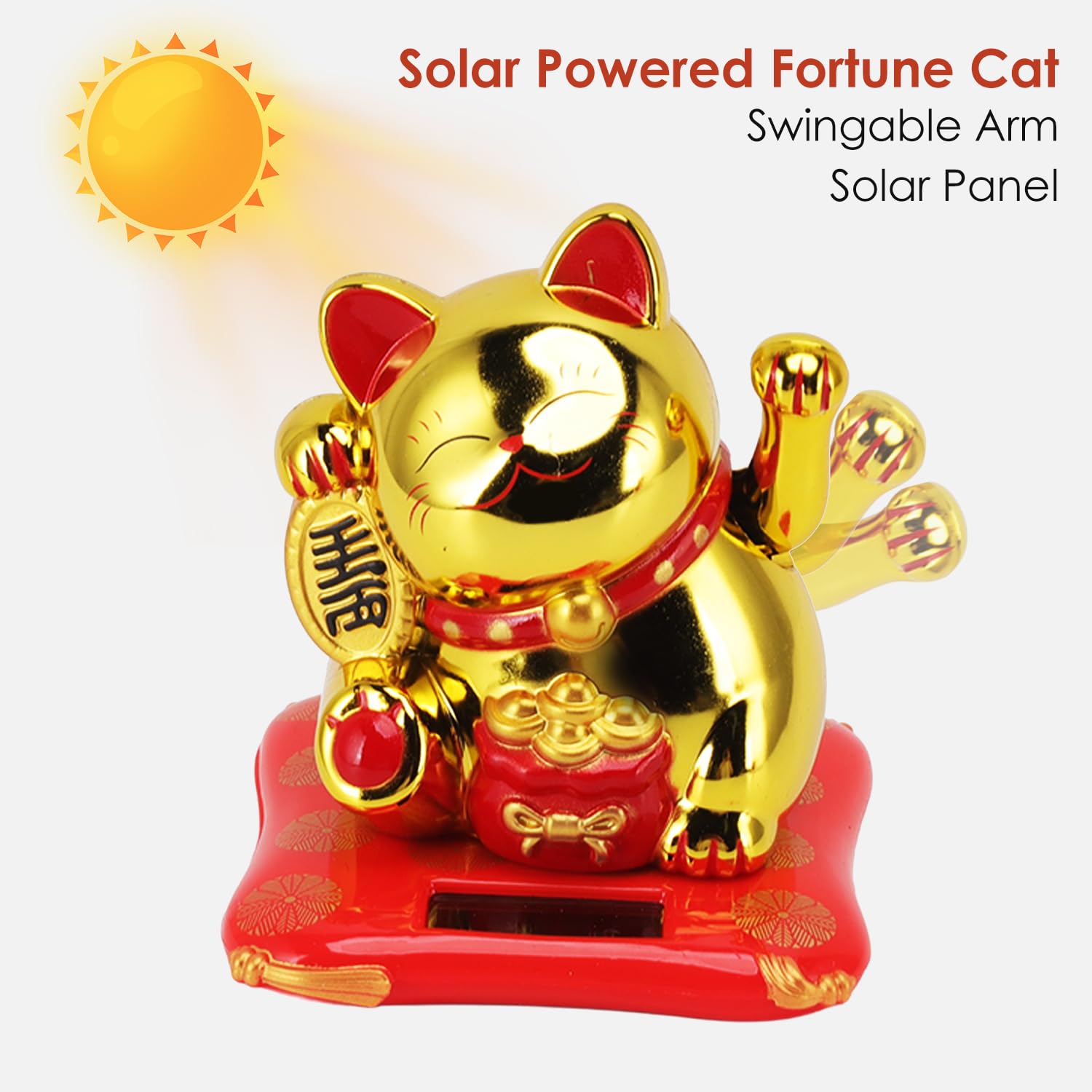 Chat Porte-Bonheur Bras Ondulant Solaire Doré - Feng Shui Décoration Chance Et Richesse