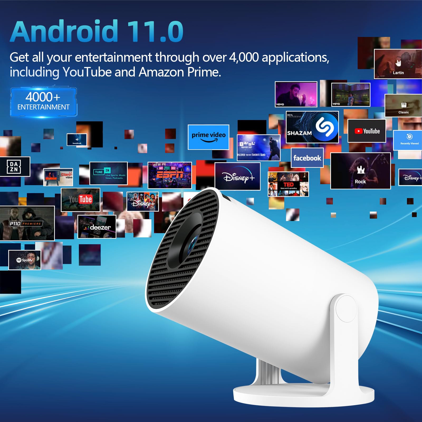 Mini Projecteur 4K Videoprojecteur Portable Projecteur Video WiFi 6 BT 5.4 Android 11 Retroprojecteur 1080P Full HD Supporté pour TÉLÉPhone PC Lap HDMI Home Cinéma 180° Rotation (HY300Pro+)