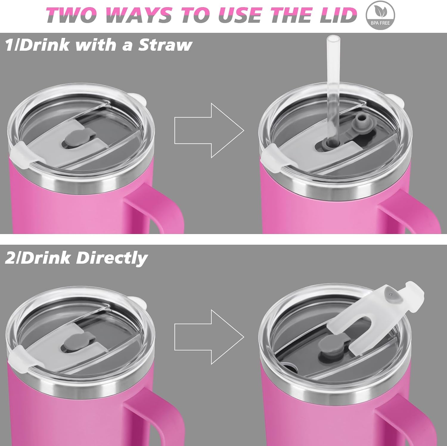 40 Oz Tumbler with Handle and Straw, Stainless Steel Double Wall Vacuum Insulated Cup, 40 OZ Travel Coffee Mug Bulk with Silicone Water Bottle Boot(Hot Pink) - Image 2