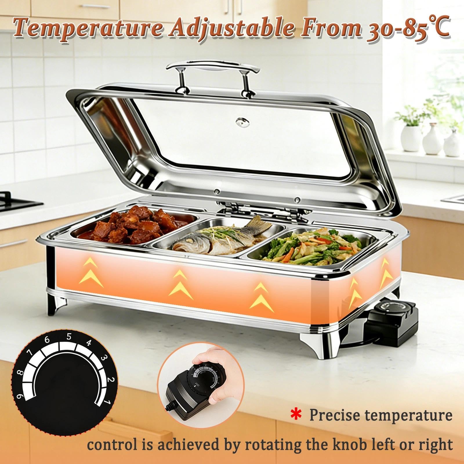 Chafing Dish Buffet Elettrico, 9L Contenitore Scalda Cibo Professionale con Coperchio in Vetro Trasparente, Scaldavivande Buffet Elettrico per Buffet, Feste e Banchetti(FYLL Pan)