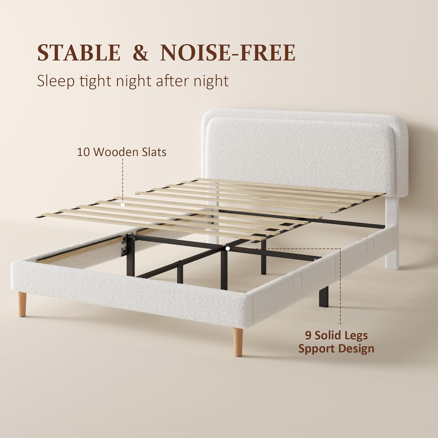 Full Size Boucle Platform Bed Frame with Adjustable Headboard (3 Heights), Upholstered Cloud Bed, Soft Rounded Corners, No Box Spring Needed, Easy Assembly, Noise Free, White