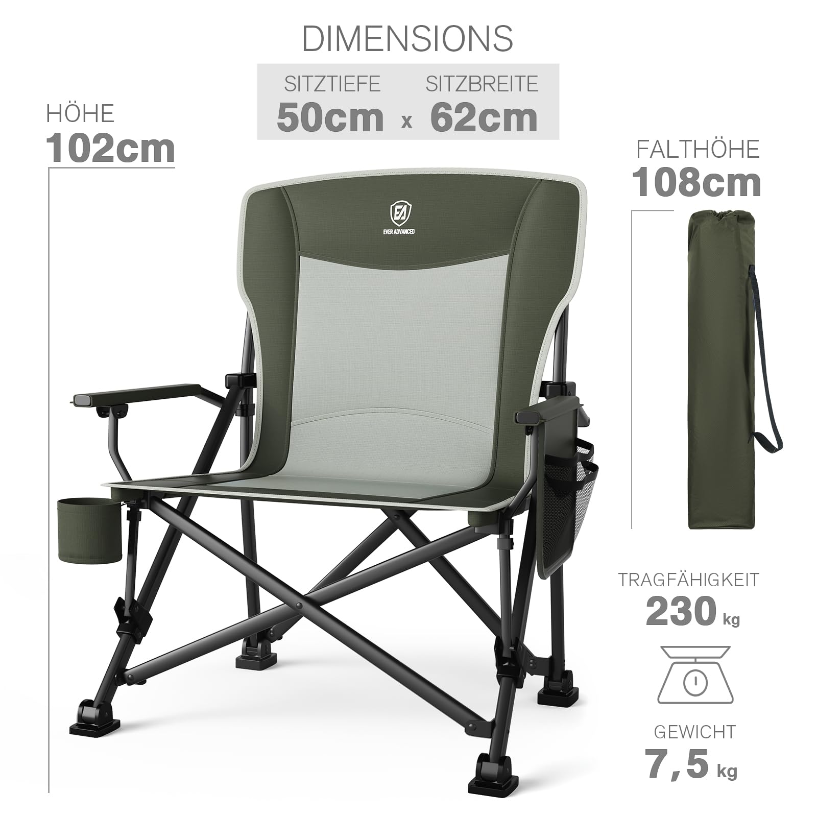 EVER ADVANCED Campingstuhl Faltbar 230KG Belastbar XL 62cm Sitzbreit