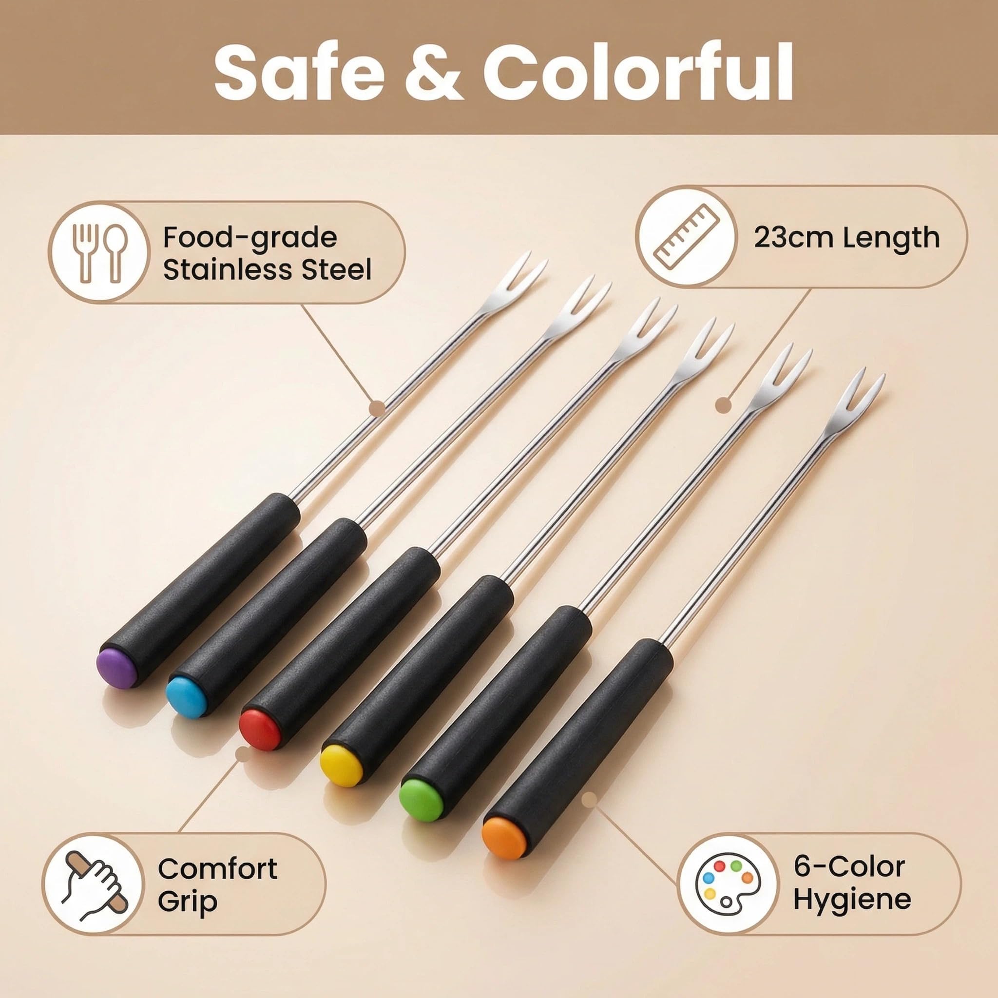 Lot de 12 fourchettes à fondue en acier inoxydable avec poignées résistantes à la chaleur et codées par couleur – longues tiges antidérapantes pour fromage, chocolat, guimauves, viande, pique-niques
