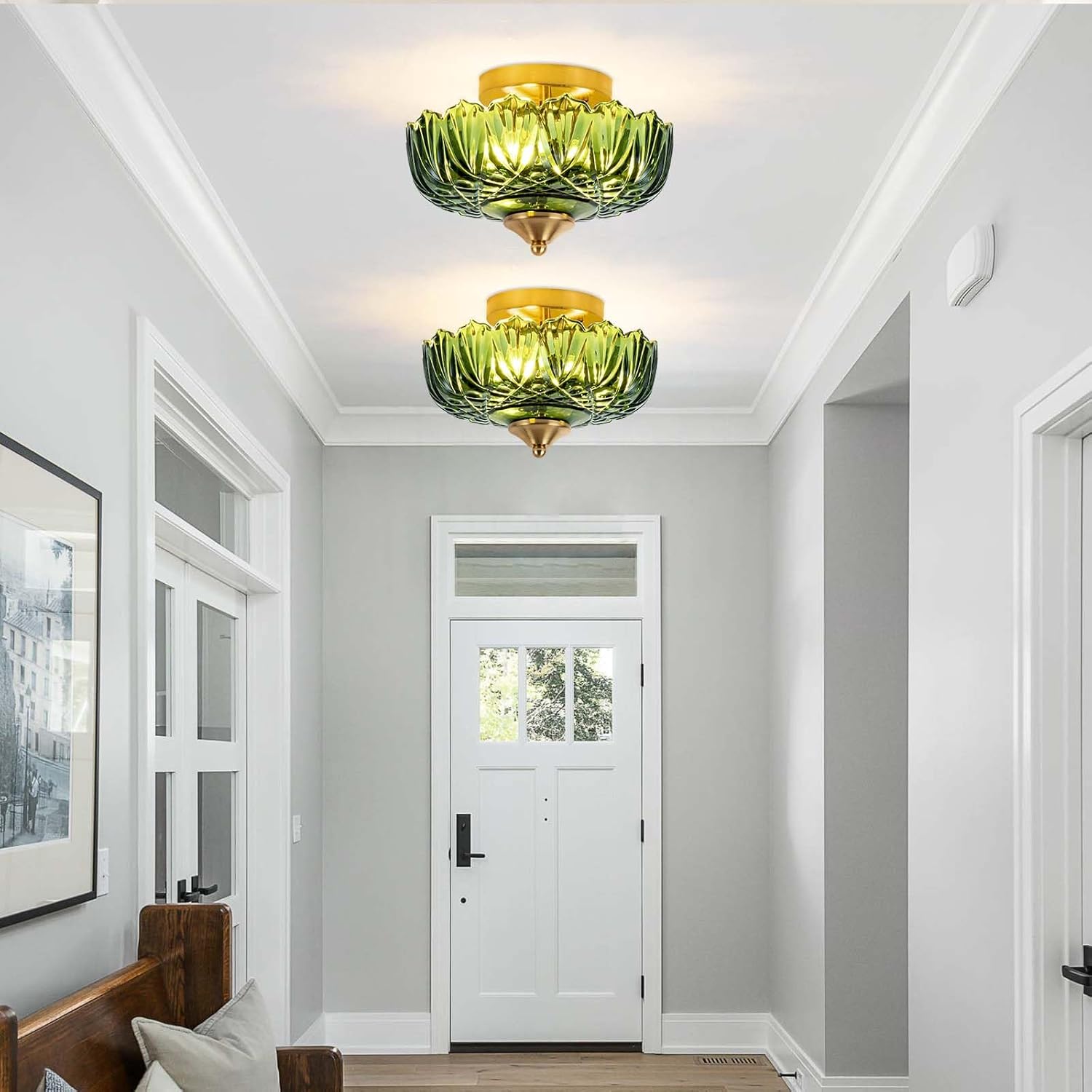 Semi Flush Mount Ceiling Light,Vintage Ceiling Light 9.44 Inch E26 Small Green Glass Ceiling Lighting for Living Room Kitchen Bedroom Hallway 3 Light(Bulb Not Included)