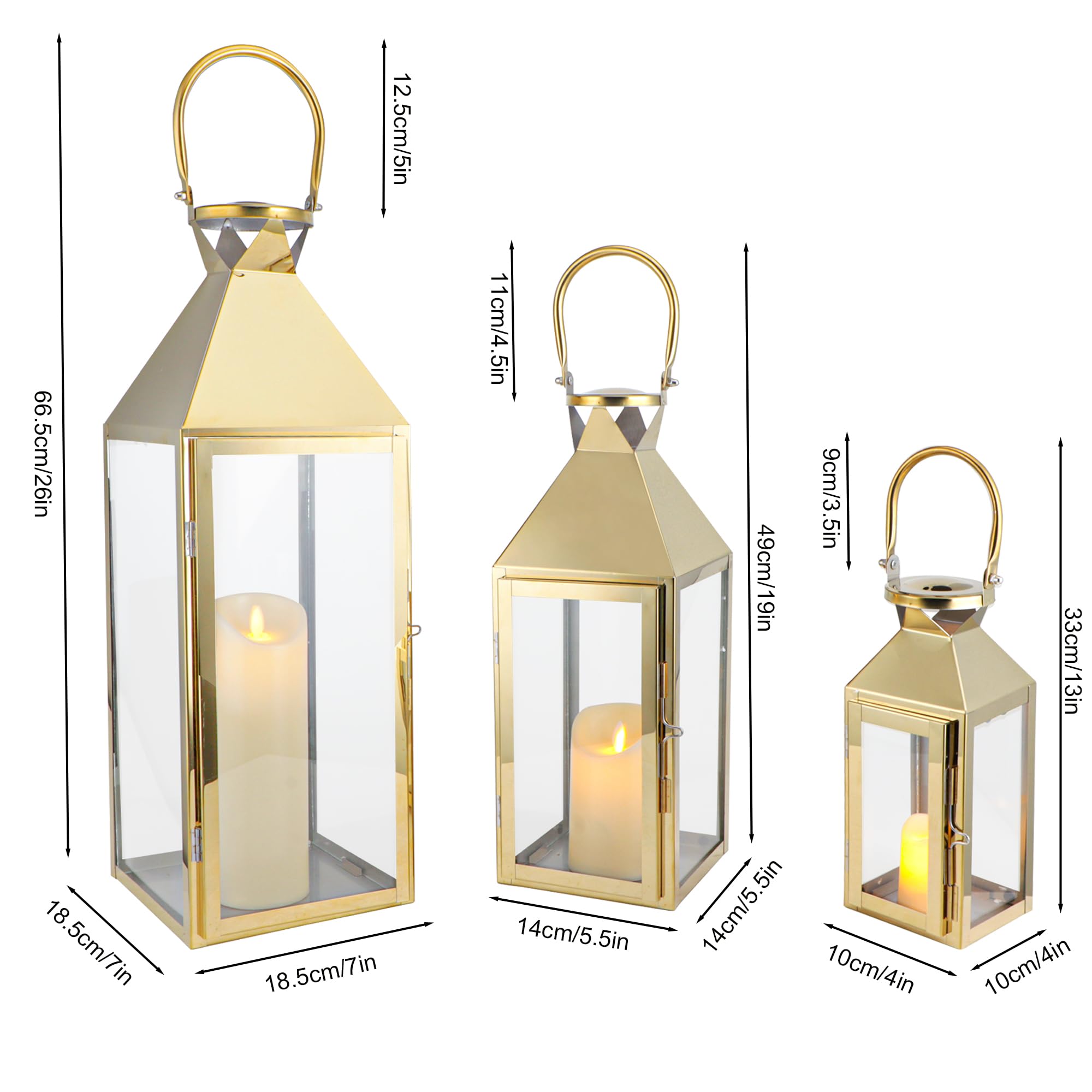 Set of 3 Stainless Steel Candle Lanterns 10/15.5/21.5''H