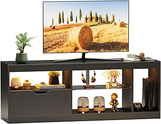 JUMMICO TV Stand, Entertainment Center LED Gaming TV Stand for 65+ Inch TV Carbon Fiber Top, Dynamic RGB Modes TV Cabinet Console with Adjustable Glass Shelves Storage Drawers (Black)