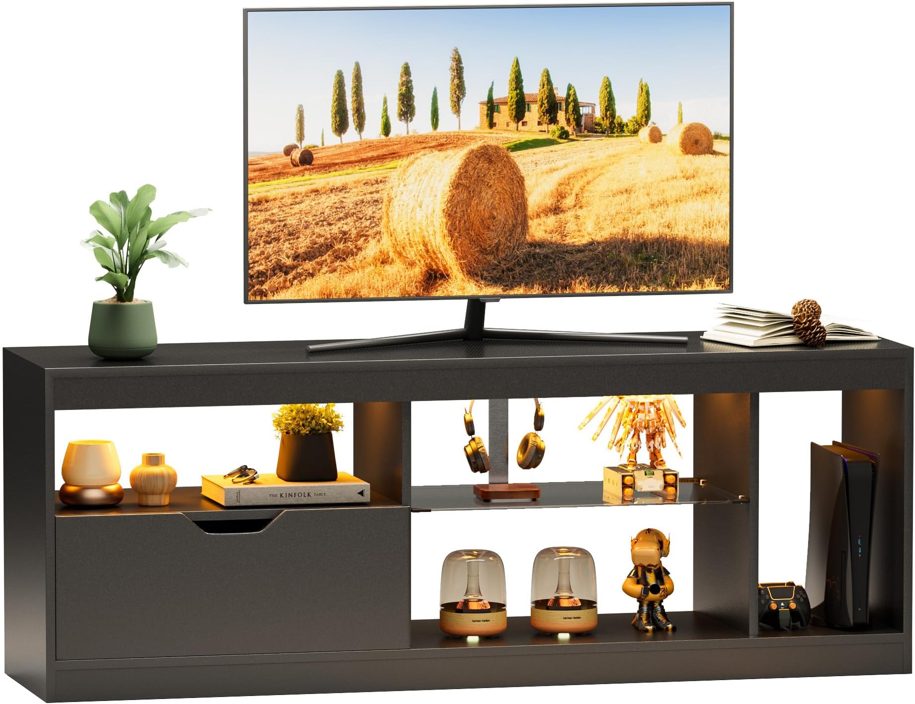 TV Stand, Entertainment Center LED Gaming TV Stand for 65+ Inch TV Carbon Fiber Top, Dynamic RGB Modes TV Cabinet Console with Adjustable Glass Shelves Storage Drawers (Black)