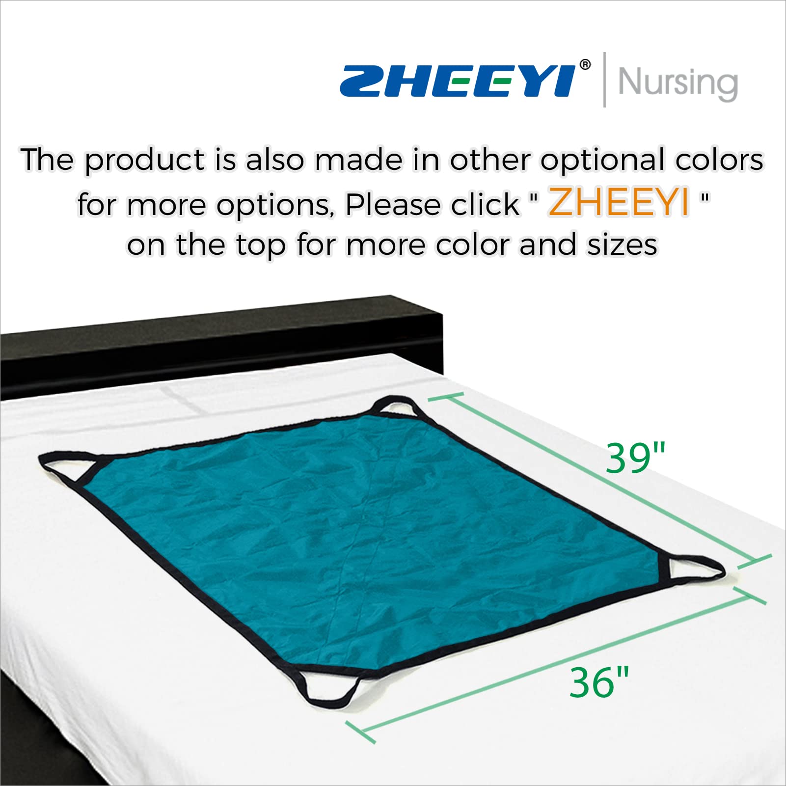 Almohadilla de cama multiusos de 39 x 36 pulgadas con asas reforzadas, sábana reutilizable y lavable para tornear, levantar y reposicionar, tela de nailon de doble cara, azul pavo real