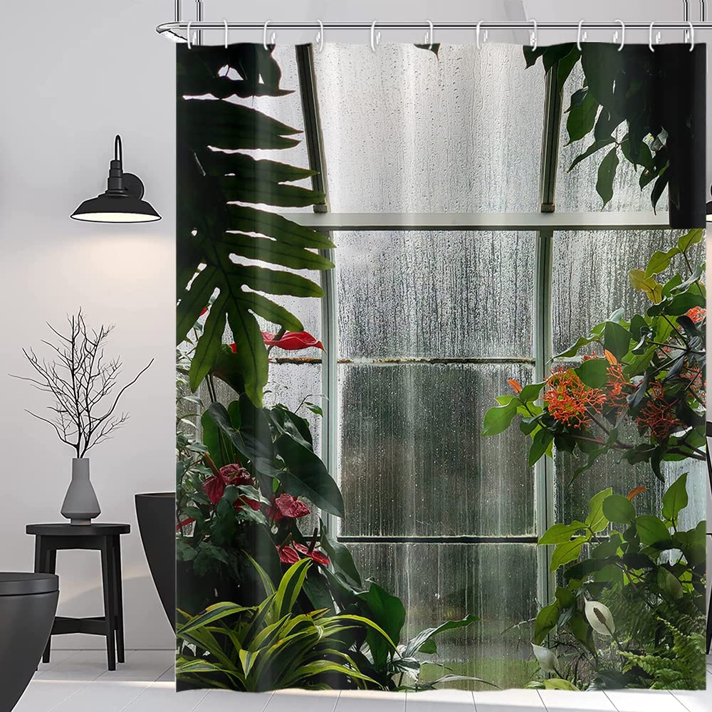 Greenhouse Flower Room Shower Curtains Spring Glass Flowers Green Plants Interior Garden Scenic Machine Washable Fabric Bathroom Curtains Set with Hooks, 78.00" x 72.00"