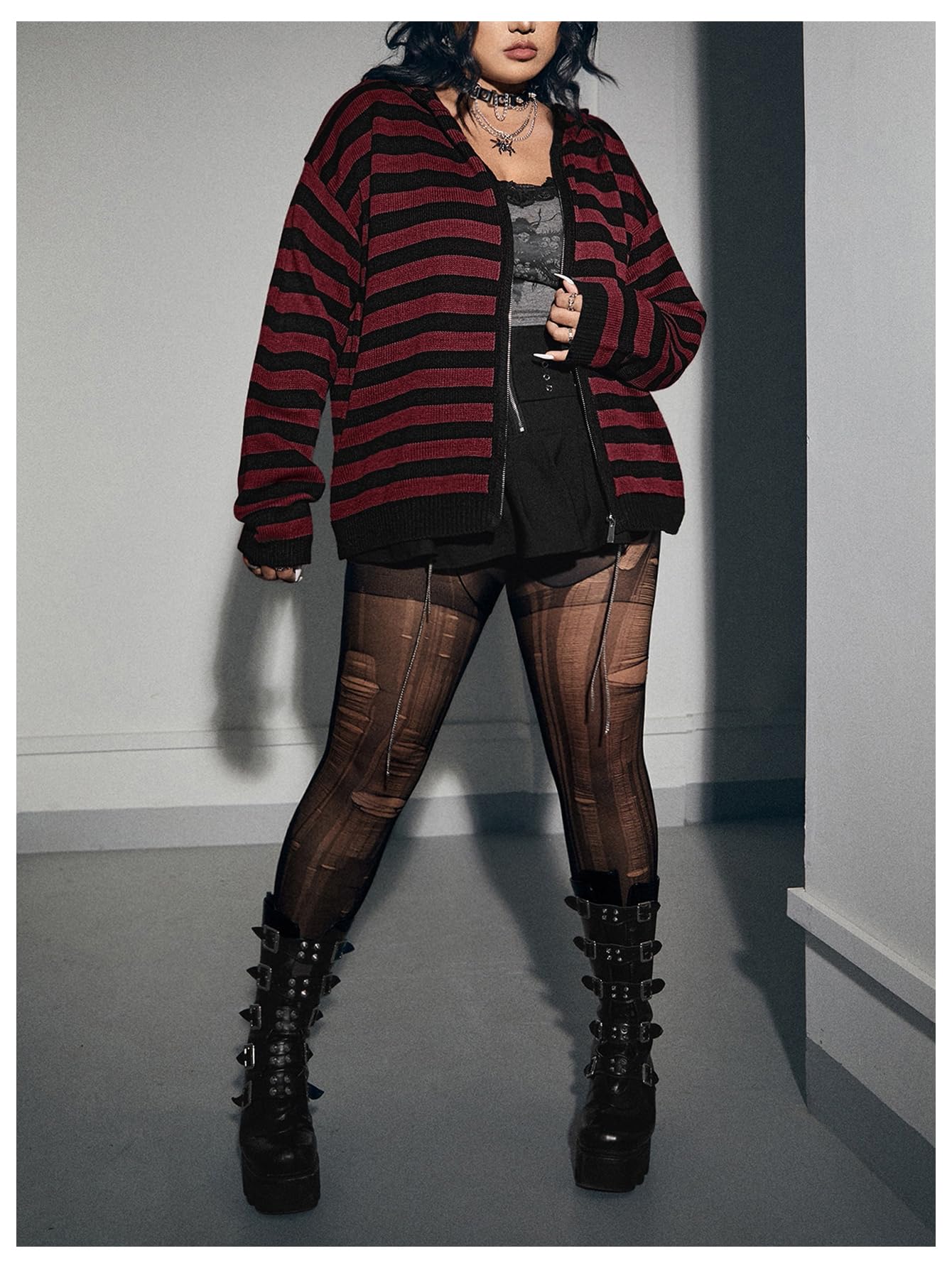 BEAUDRM Women's Plus Size Striped Cardigan Sweater Goth Grunge Zip Up Sweater Hoodies Long Sleeve Drop Shoulder Hoodie: XX-Large Plus Burgundy