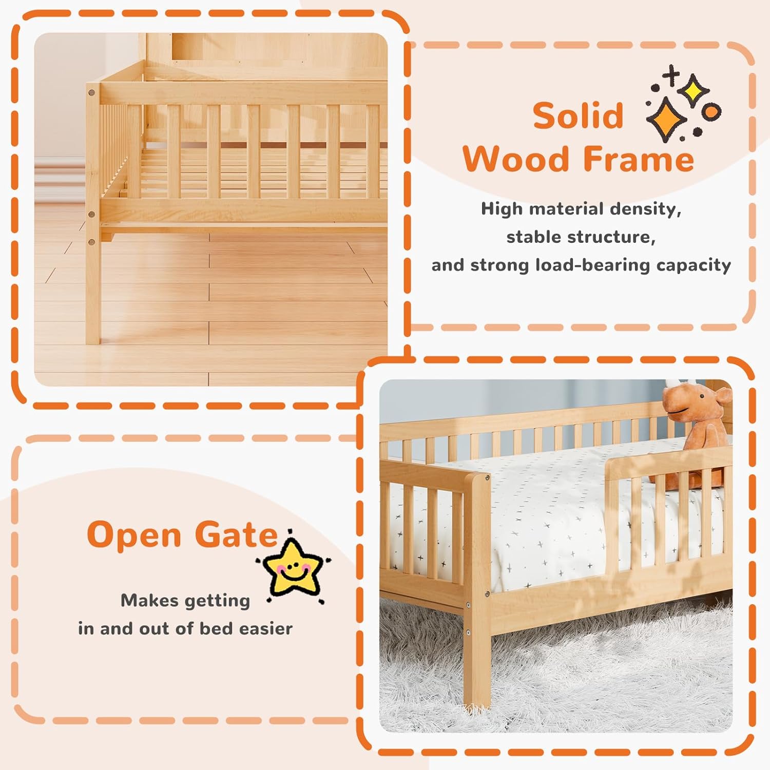 Sweetcrispy Twin Size Kids Bed with Storage - Solid Wood House Headboard & Safety Guardrails, Space-Saving Bed Frame, No Box Spring, Natural Brown