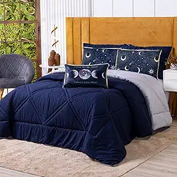 Kit Edredom Cobertor CASAL PADRÃO Astros Azul Marinho com Almofada Estampada 06 Peças - Tecido Dupla Face Percal 300 Fios Pantografado em Linha