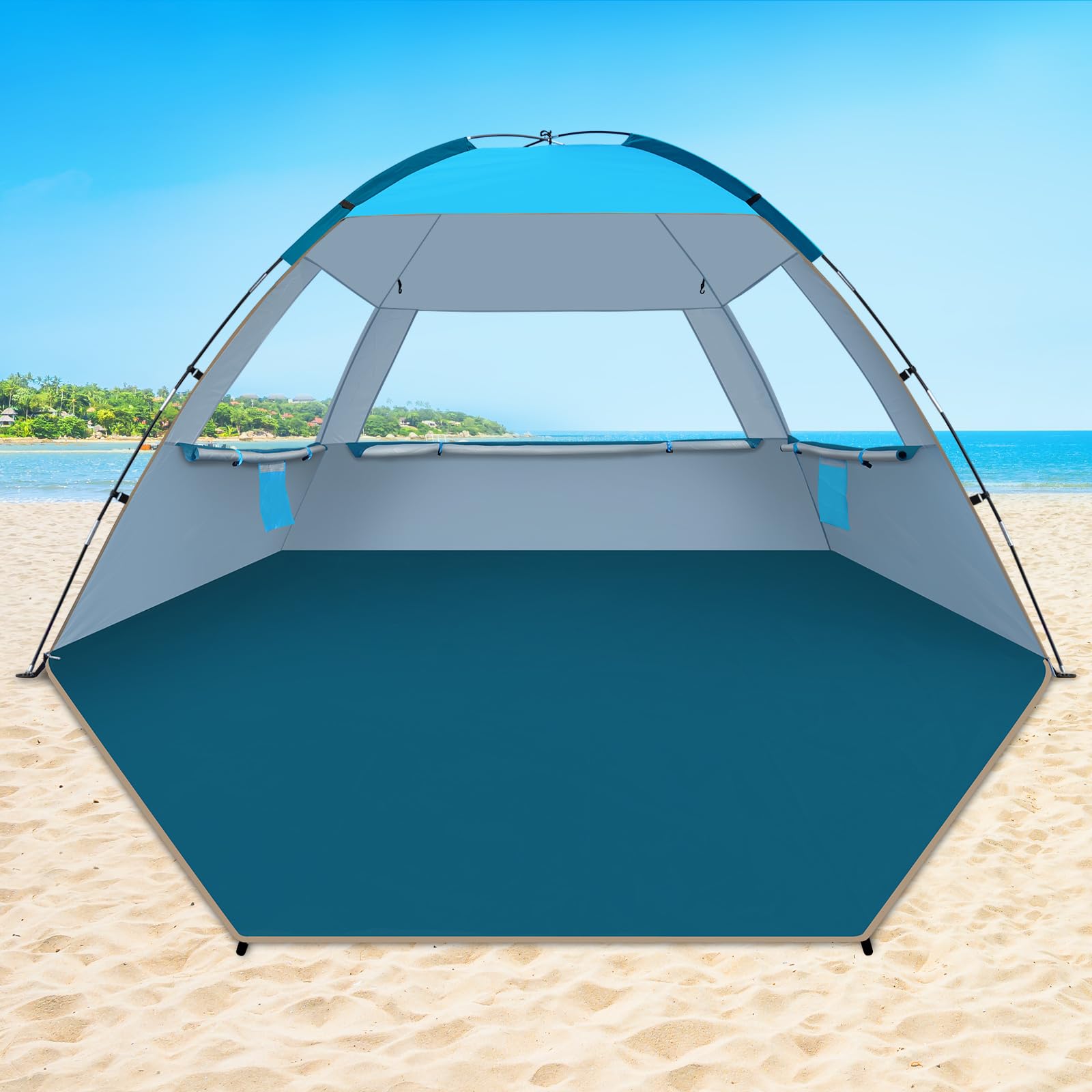 COMMOUDS Strandmuscheln für 4-5 Personen, Tragbarer Strandzelt mit UV-Schutz 50+, Familie Sonnenzelt Strand mit 2 Mesh Fenster, Schnelle Montage, Einfaches Tragen Schirm für Outdoor