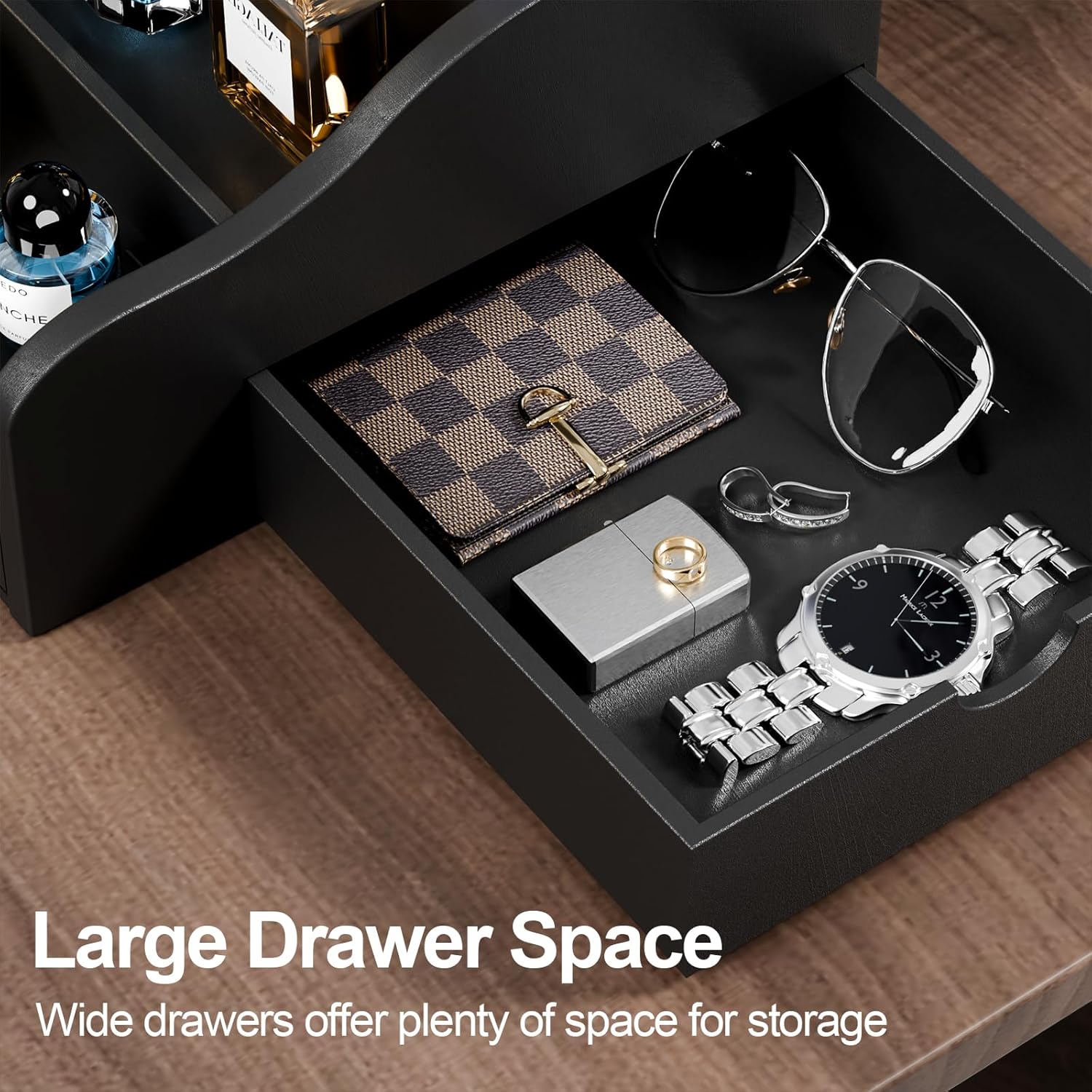 Perfume Organizer for Men，4 Tier Cologne Organizer for Men，Wood Cologne Stand with 2 Drawer and Hidden Storage for Watch, Jewelry, Perfume Display Risers, A Gifts for Man (Black)