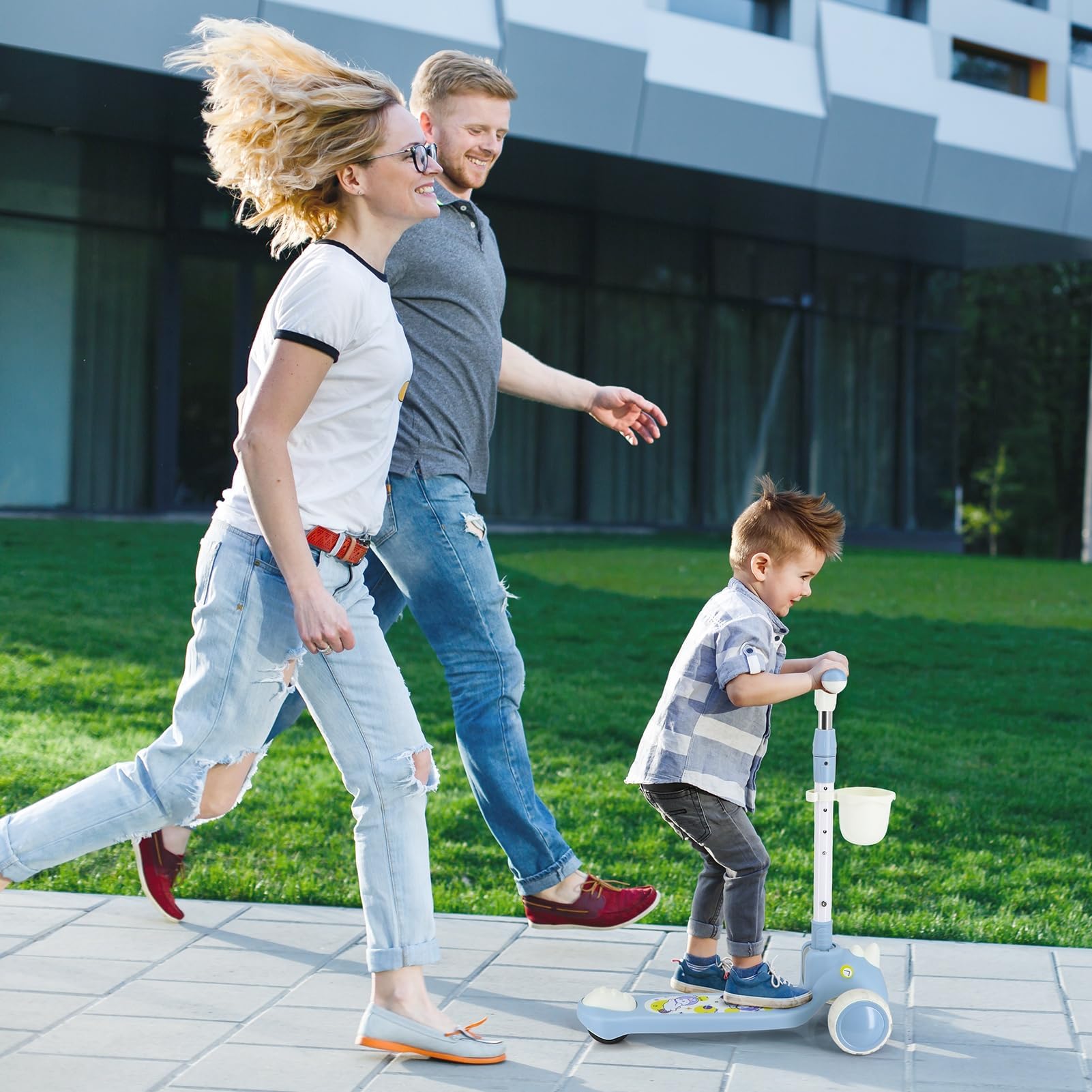 cdar Kid Kick Scooter,Height Adjustable 3 Wheel Scooter, Portable Folding Toddler Scooter,4 Gears Adjustable Travel Scooter, 2 in 1 Boys Girls Light Up Scooter, Micro Mini Scooter with Foot Break Blue