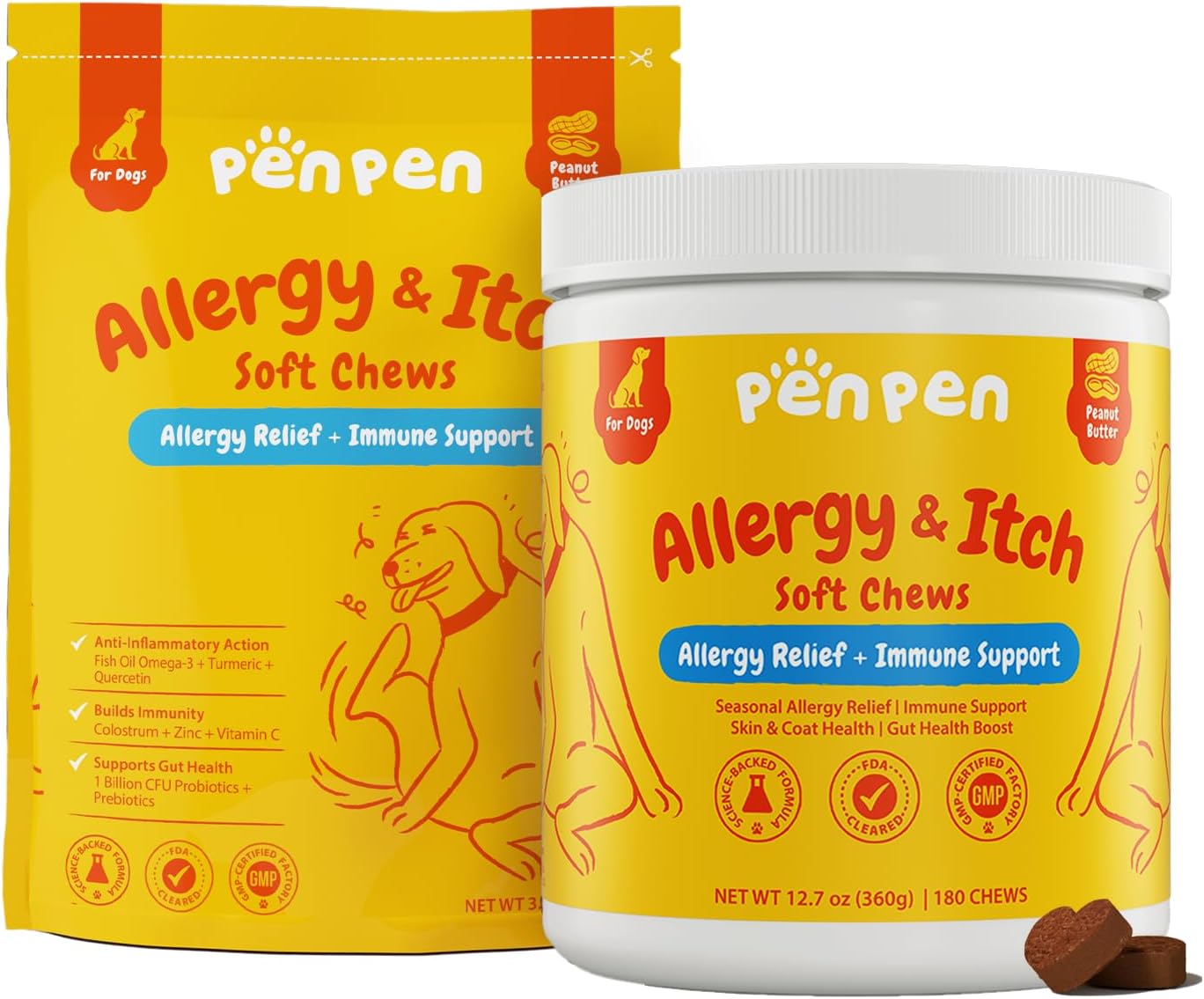 PENPEN Dog Allergy Relief Chews (Peanut Butter Chews, 50ct and 180 Chews)