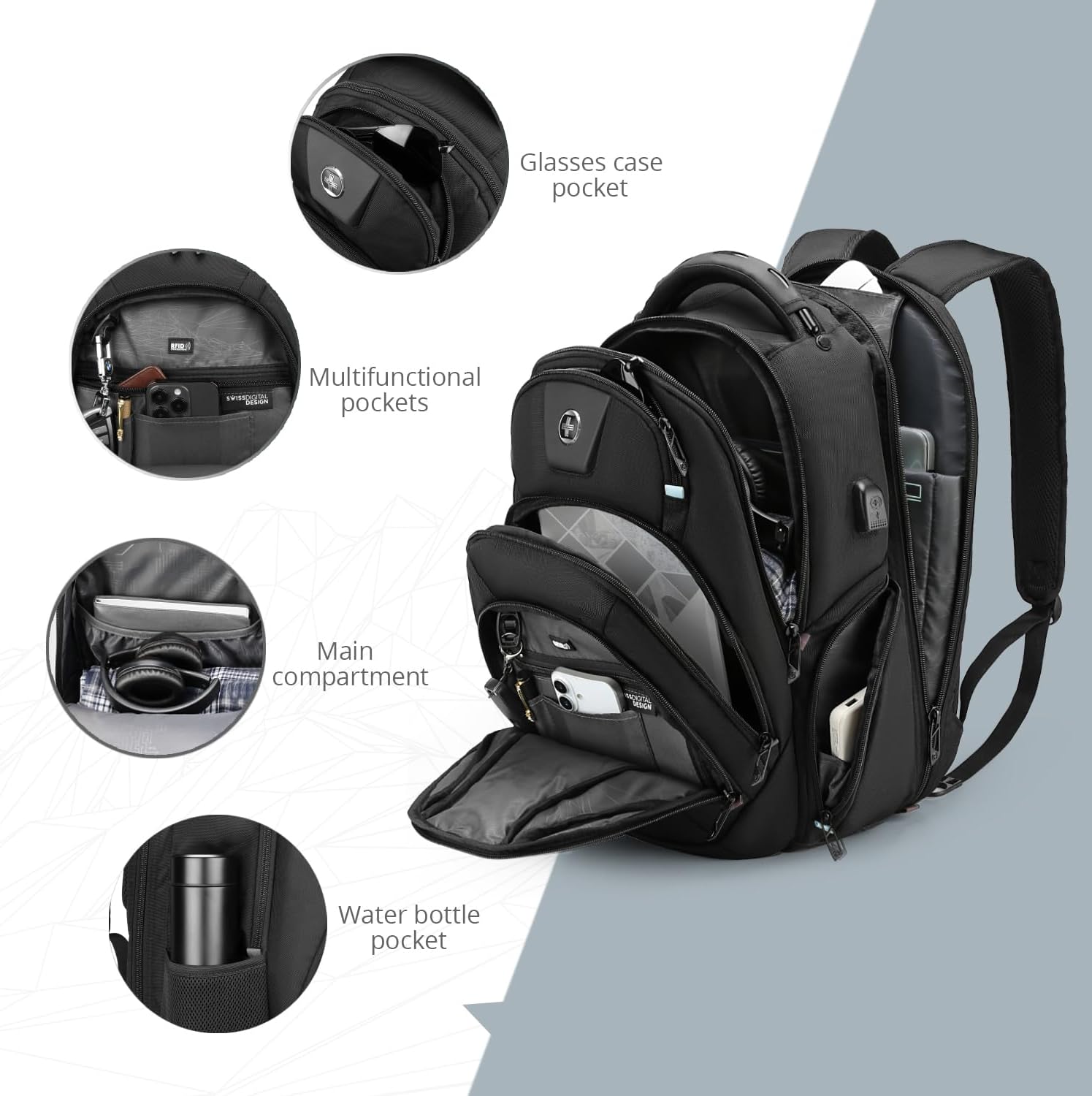 Swissdigital Design Tech Backpack for Men, Compact Organized, TSA Friendly with Apple Find My Network, USB Charging RFID Protection for College and Business, Fits 17" Laptops, Black | SD1644FB-01 - Image 5