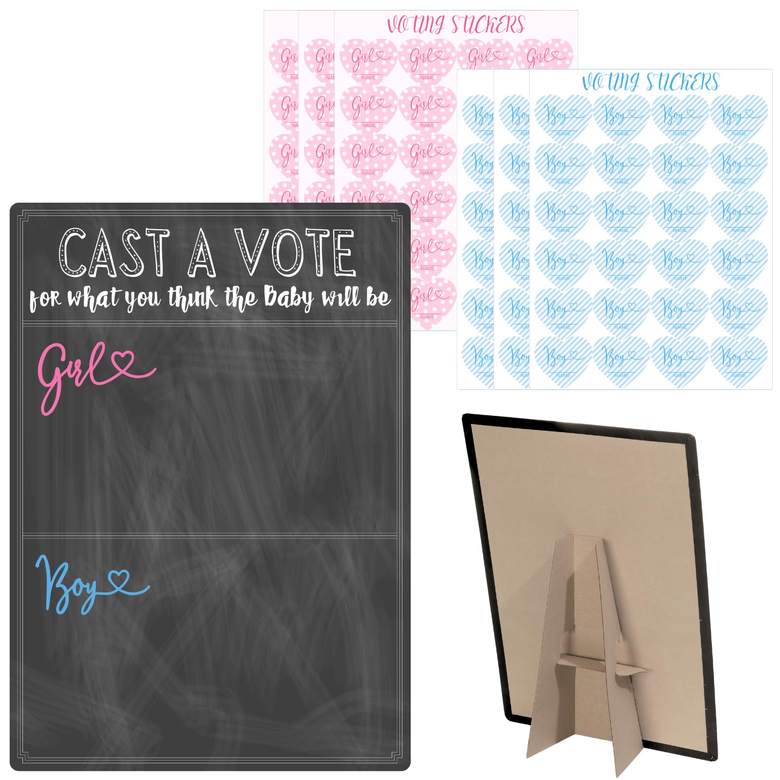 Jeu de baby shower avec 144 autocollants vote fille ou garçon et panneau de révélation