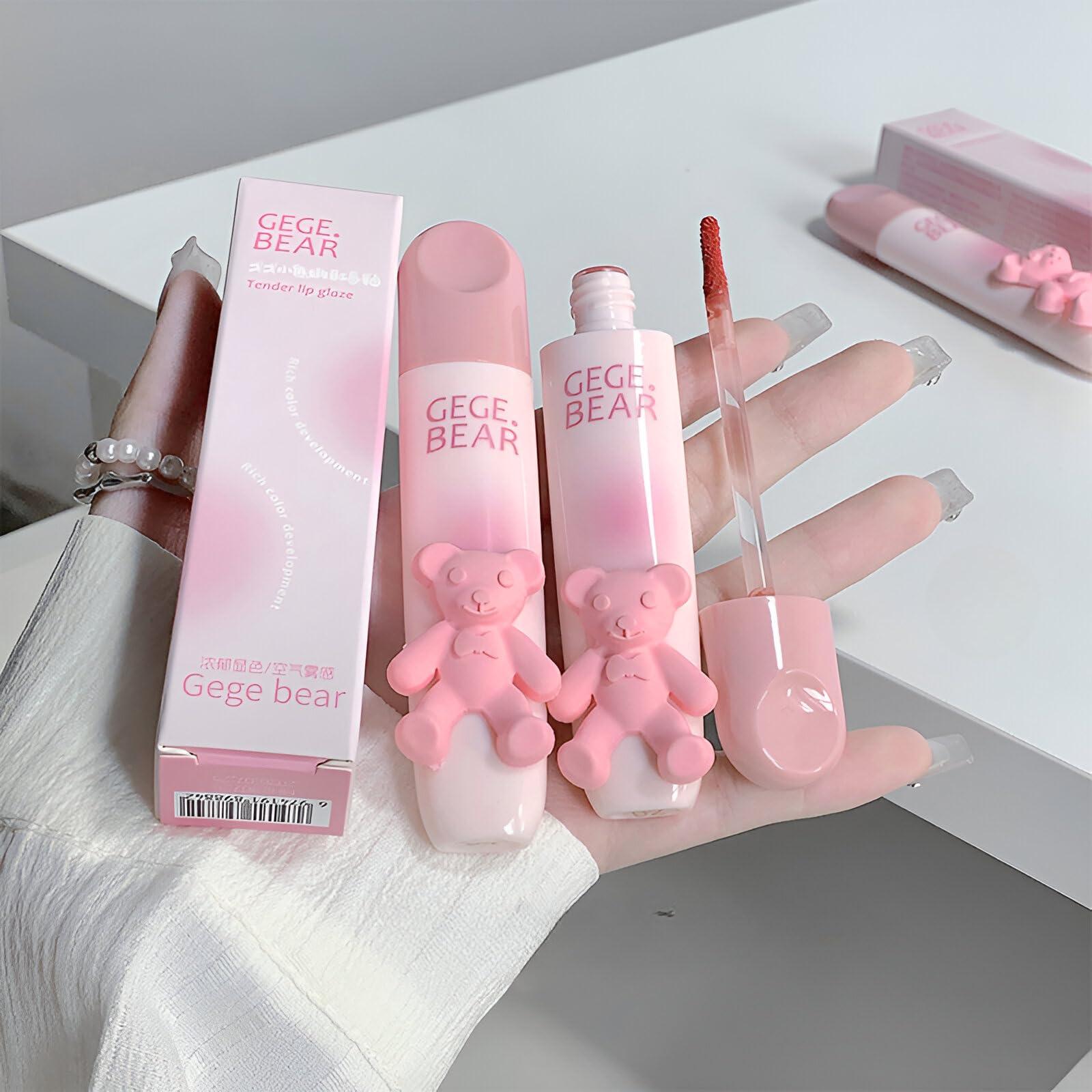 Gege Bear Tender Lip Glaze | Cute Lipstick Combo Set for Women with Glossy Finish | Pink, Brown & Nude Shades Waterproof Long Lasting | Liquid Lipgloss with Teddy Bear Case (03# Sunset Sweet Persimmon, 2.5g)-image-21