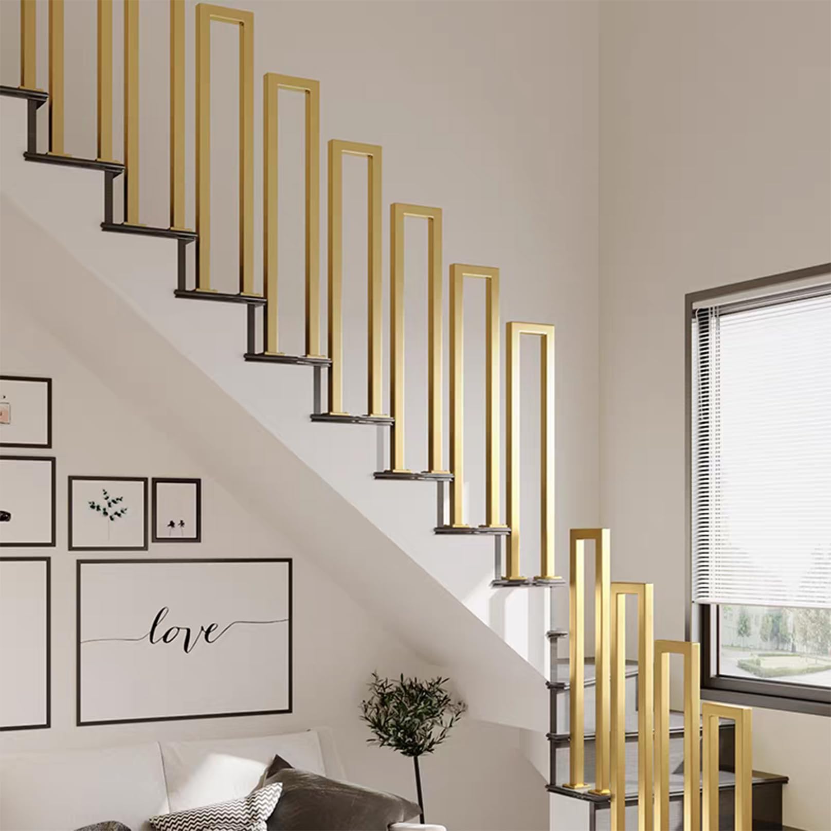Aevixel Outdoor Stair Railing, Galvanized Iron Exterior Handrail, Rustproof, Indoor Stair Railing Kit, Staircase Balusters for Concrete Step or Wooden Stairs Gold 45CM-Right Angle