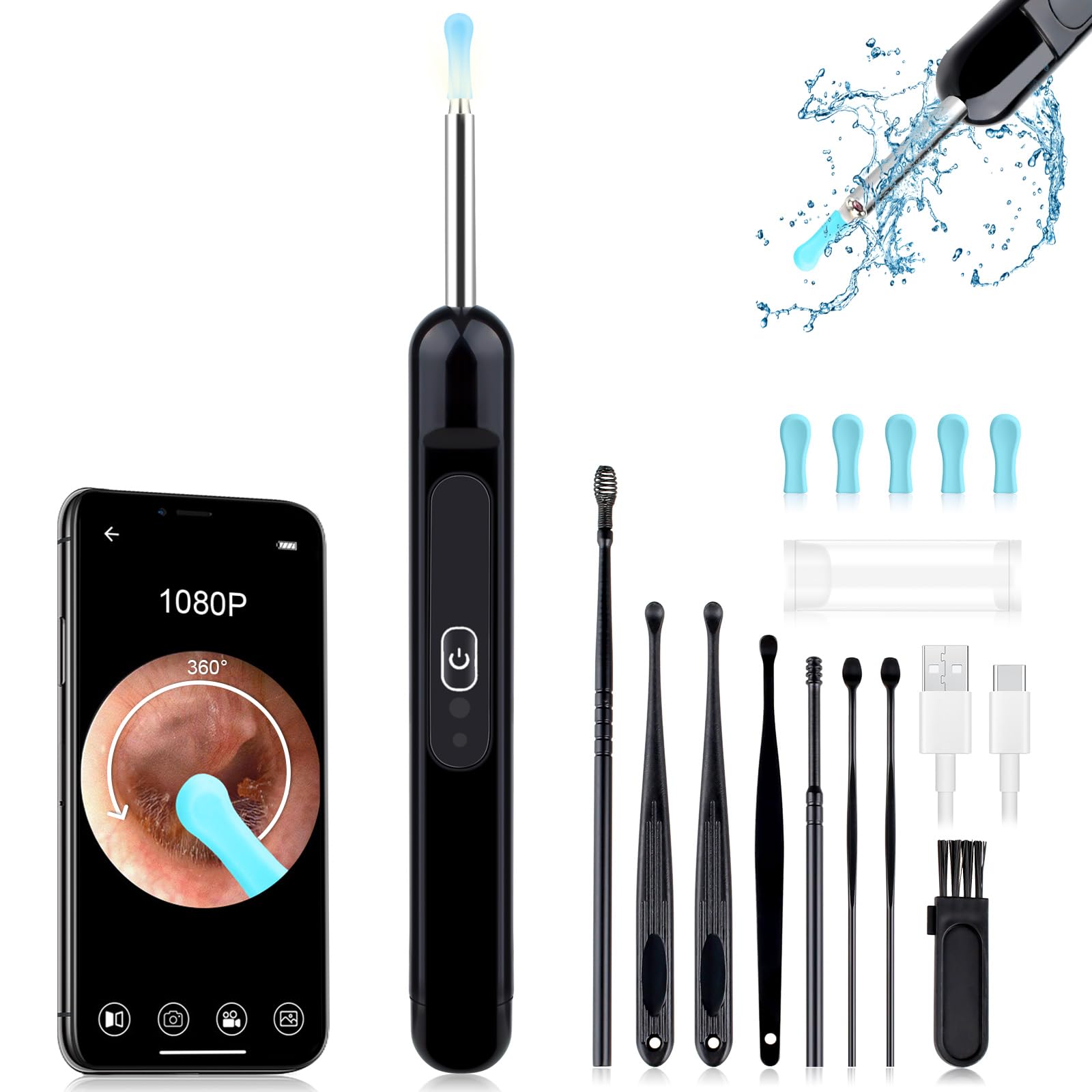Ear Wax Removal Ear Cleaner with 1080P HD Camera with 6 LED Lights IP67 Waterproof Lens 8 Traditional