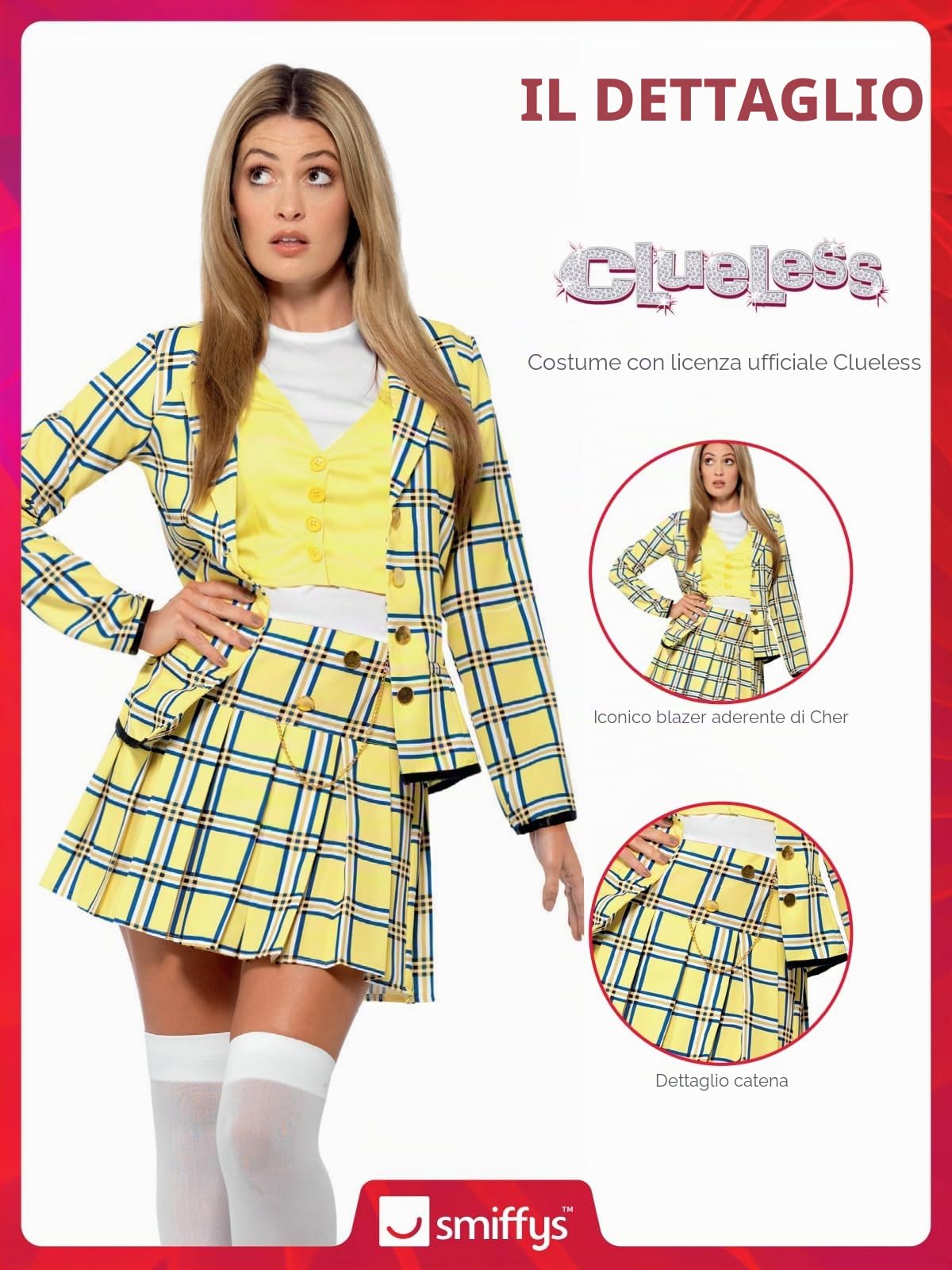 Smiffys Clueless Cher Costume in Yellow for Adults, Jacket, Top, Skirt, and Knee-High Socks, Officially Licensed, Iconic Fitted Blazer and Elasticated Skirt, Ideal for Groups and Students