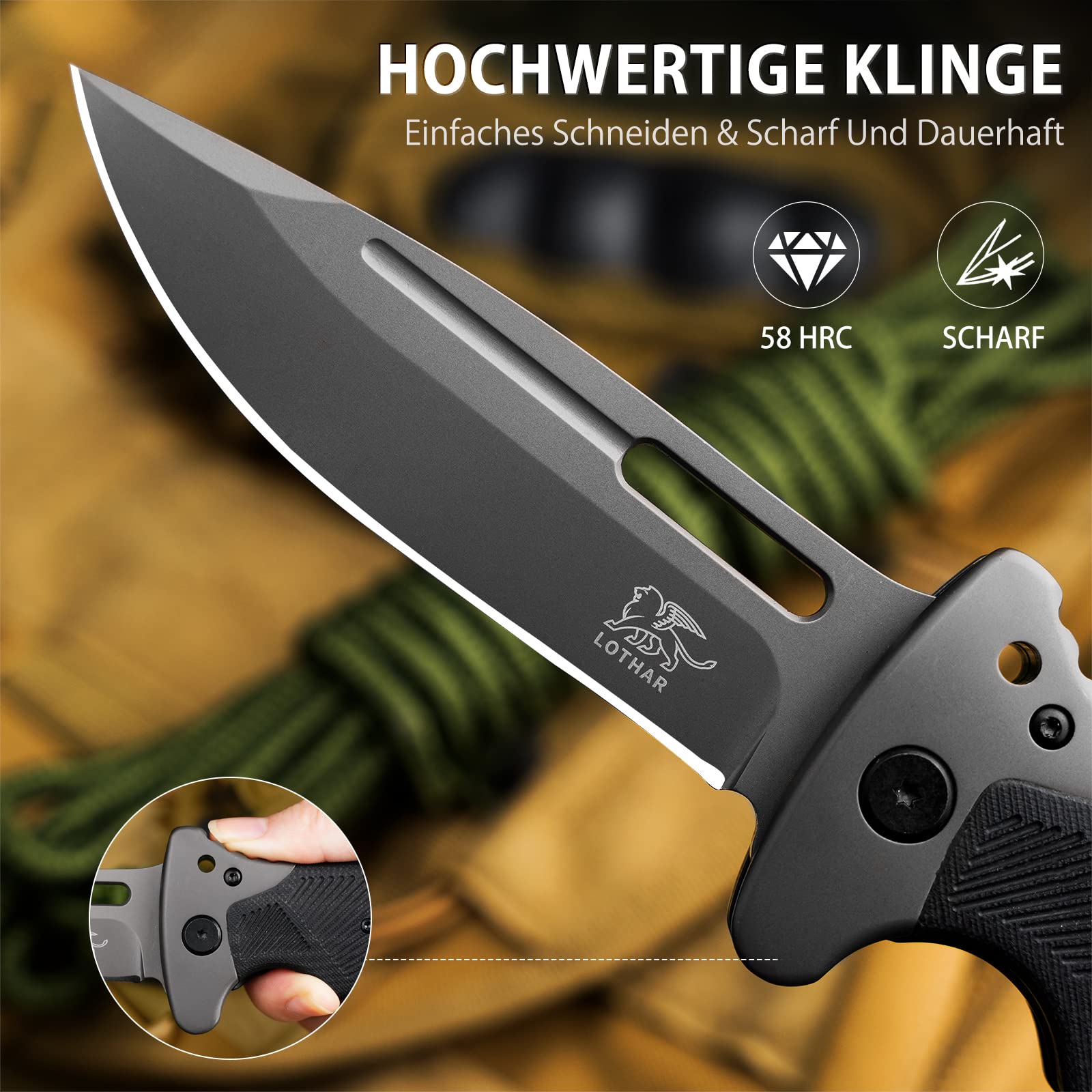 LOTHAR RHINO Navaja Plegable, Cuchillo Plegable de una Mango con Hoja de Acero de 8Cr14Mov y Mango de G10, Bloqueo de Liner Seguro