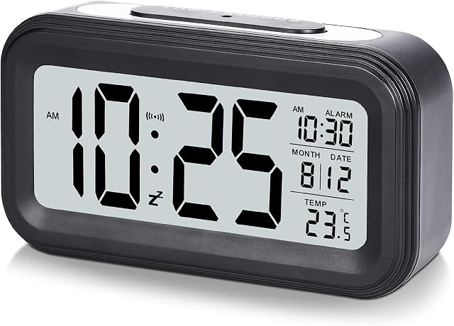U-picks Alarm Clock 4.3" LED Display , Digital Alarm Clock with battery powered, Snooze, Easy to Use ,Temperature , Date, 12/24 Hr, Light control Portable Alarm clocks bedside for Bedroom Office-Black