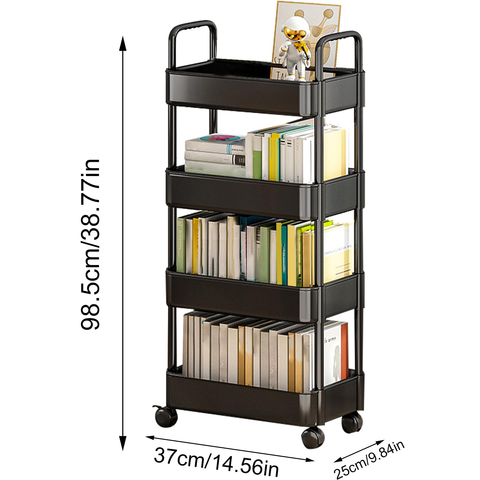 Organizador de almacenamiento para libros, estante con ruedas y ganchos, para aperitivos a 3/4 niveles, organizador de almacenamiento móvil para la organización de la m