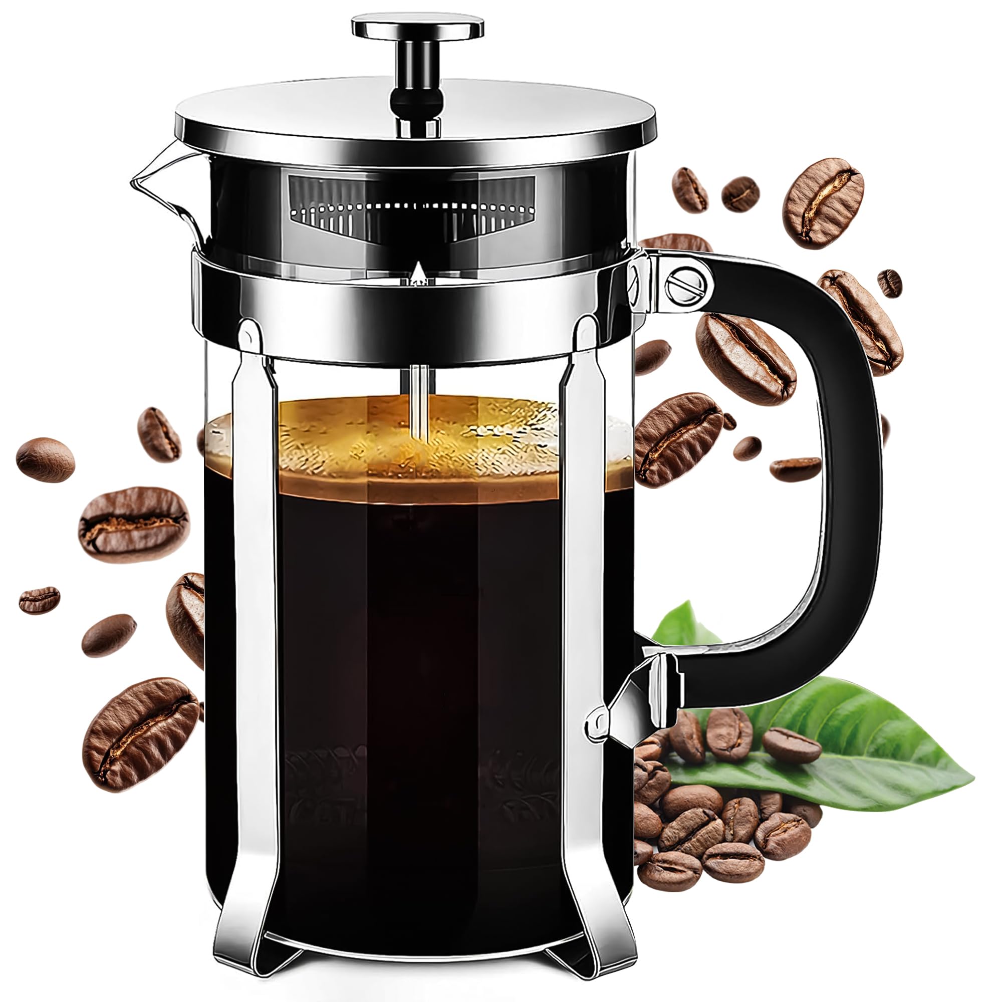 Crystalia French Press Coffee Maker, 1000 ml Cafetiere, 8 Cups Heat Resistant Borosilicate Glass Caffettiera, Stainless Steel Filter Loose Tea and Milk Froth, Dishwasher Safe Coffee Press, Cafeteria