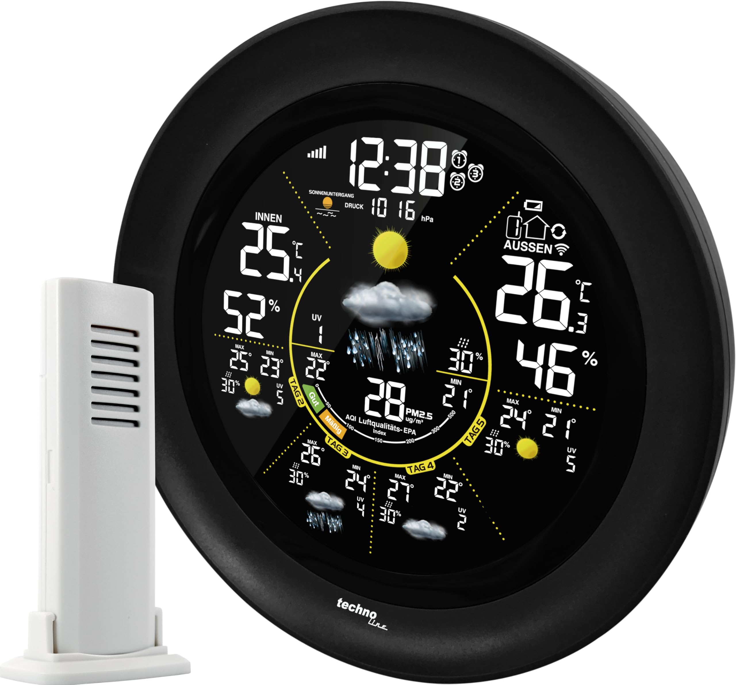 techno line WD 3040 WLAN Wetterstation mit Außensensor | 5-Tage-Wettervorhersage | Farbdisplay | Innen-/Außentemperatur | Luftfeuchtigkeit | UV-Index | AQI Luftqualität | App-Steuerung