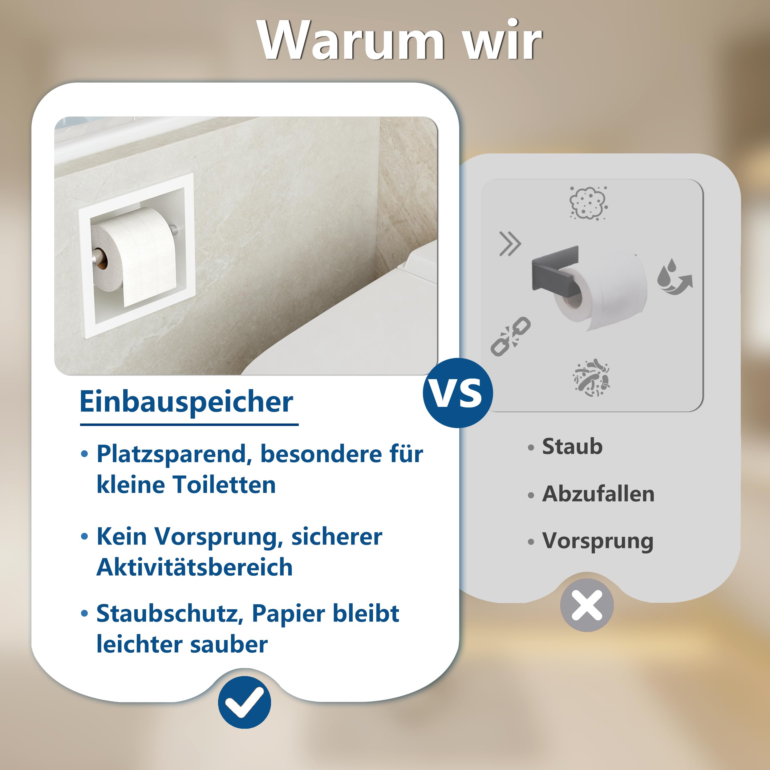 QEKE Einbau Klopapierhalterung, 304 Edelstahl, 1 Ebene, Weiß | rostbeständig, einfach nachzufüllen, einfache Montage, leicht zu reinigen, platzsparend, Badrenovierung