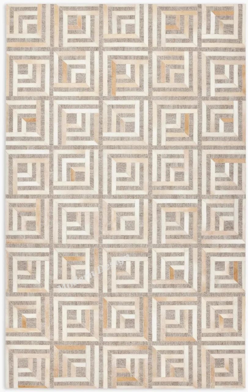 Leather and Jacquard Area Rug, Greek Key Pattern, Neutral Beige Gray with Gold Accents, Modern Geometric Design (Natural Beige/Ivory/Grey, 9x12)