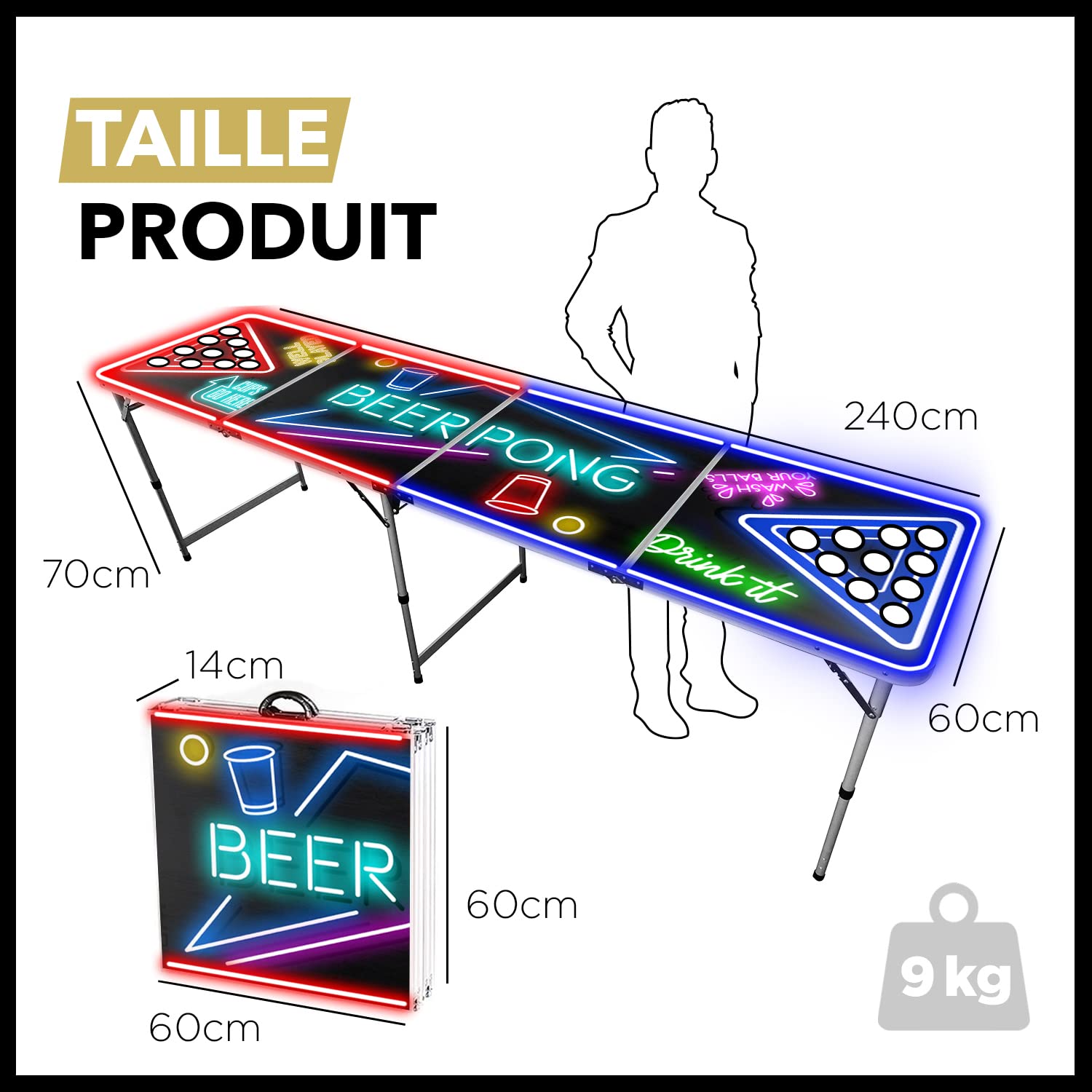 Beer Pong® Table Lumineuse Pliable avec Trous pour Cups - Revêtement Etanche Anti-Rayures - Homologuée Tournois