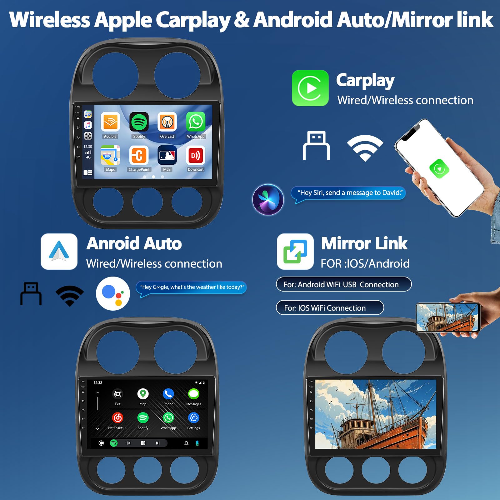 Roinvou 10.1" Android 13 Car Stereo For Jeep Compass/Patriot 2010-2016 W/ Wireless CarPlay & Android Auto - View #7