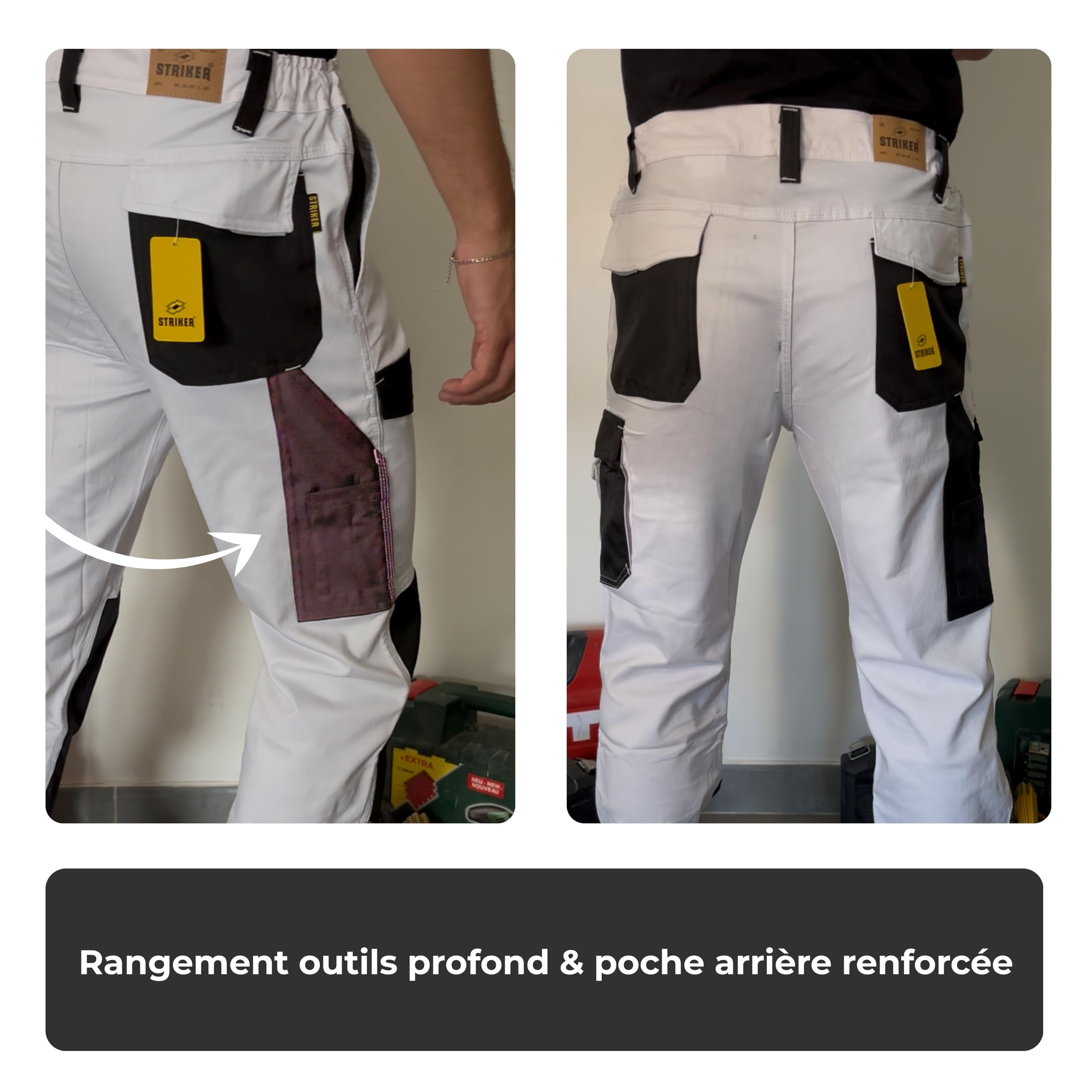 STRIKER - Pantalon de Travail Multi-Poches Blanc Homme | Gamme Expert | Stretch/Élastique & Renforcé | Tailles S à 2XL | ST-2553