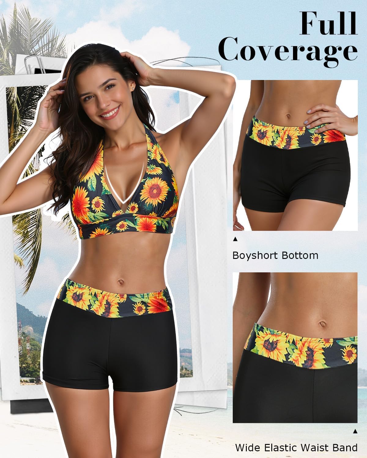 Century Star Women Two Piece Swimsuit with Boy Shorts - Modest Swimming Suits High Waisted Bathing Suits Bikini Set A3 Sunflower Print 8-10 - Image 5