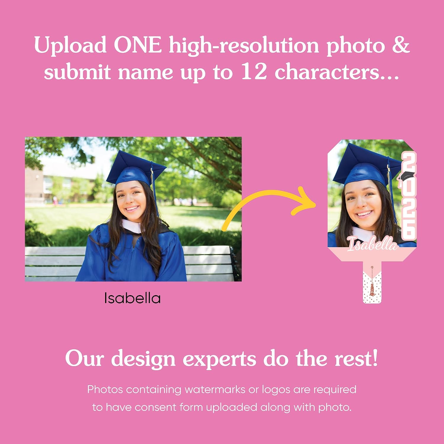Big Dot of Happiness Custom Grad Photo Paddles, Class of 2026 Face Fans with Handles, Personalized Grad Big Head on Stick, Graduation Face Cutouts, Party Photo Booth Props Pink 1 Pc