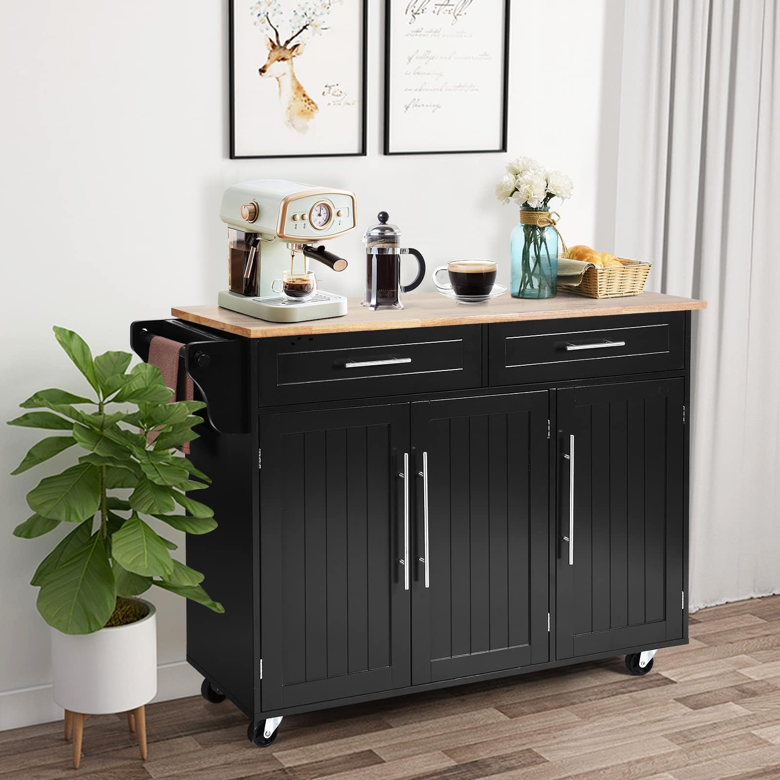KOMFOTTEU Carrito de Cocina con Ruedas, Carro de Servicio con Encimera de Madera de Caucho, Isla de Cocina con Cajones, Toallero y Estantes Ajustables, Carrito Auxiliar, 122 x 46 x 92 cm (Negro)