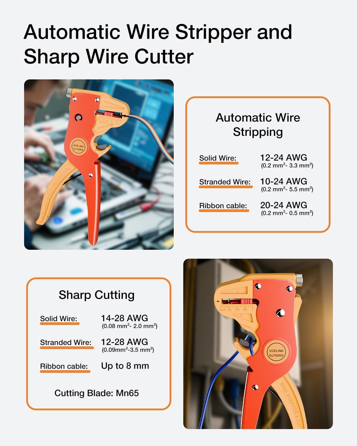 VCELINK Automatic Quickstrip Wire Stripper & Cutter 2-in-1, Red image 2